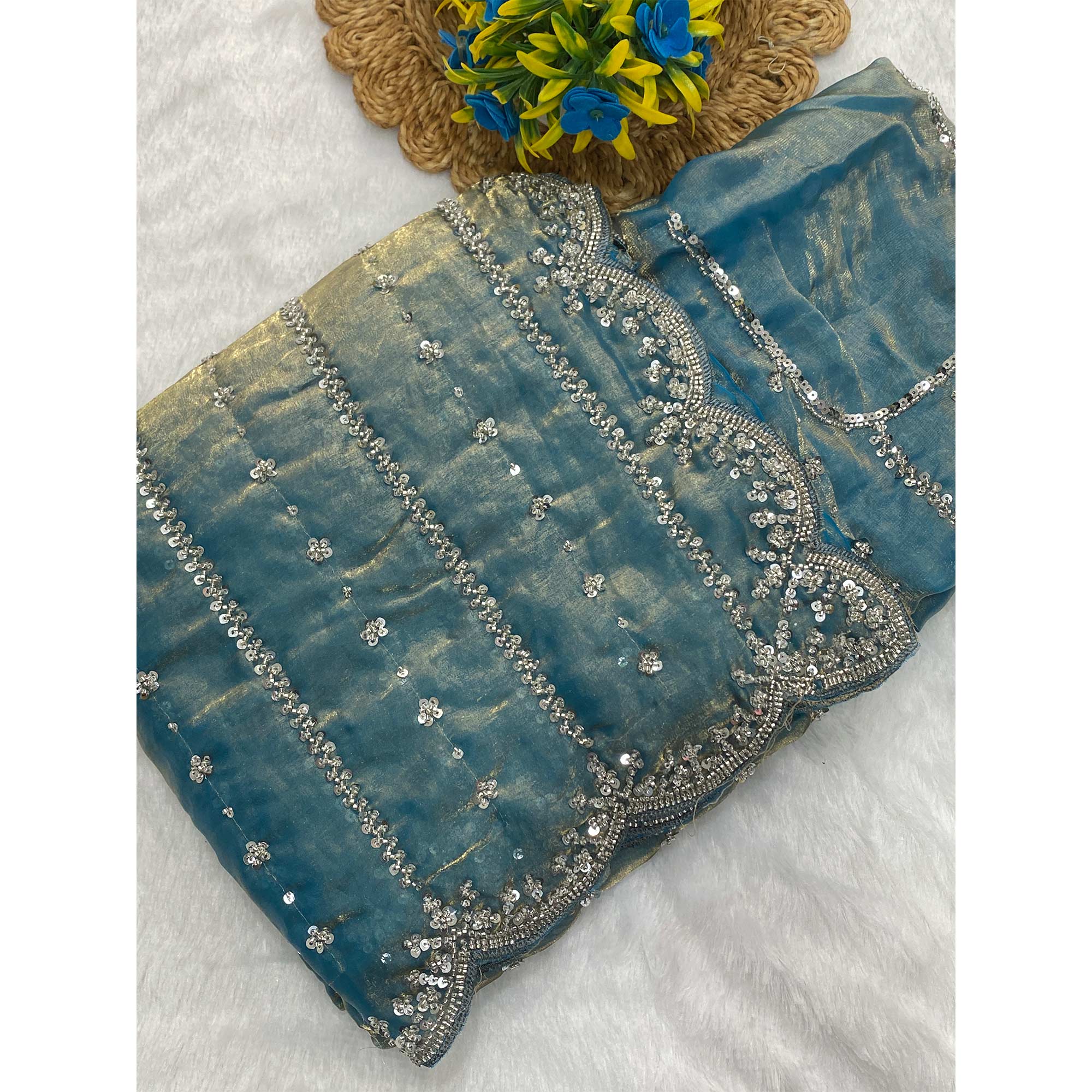 Teal Designer Satin Partywear Saree Enhanced with Sparkling Sequins Work