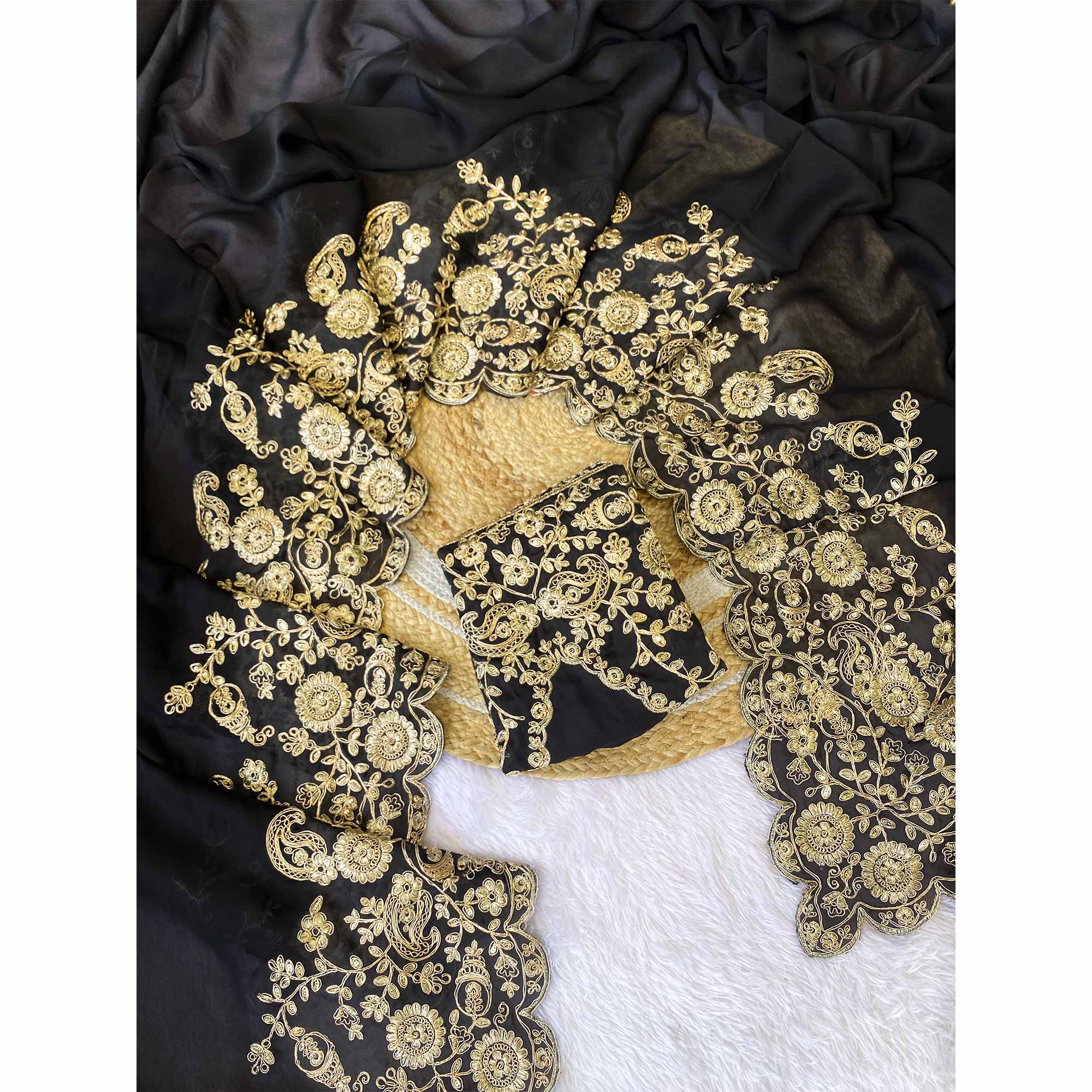 Black Floral Cording Embroidered Saree With Sparkling Sequins On Satin Rangoli Fabric