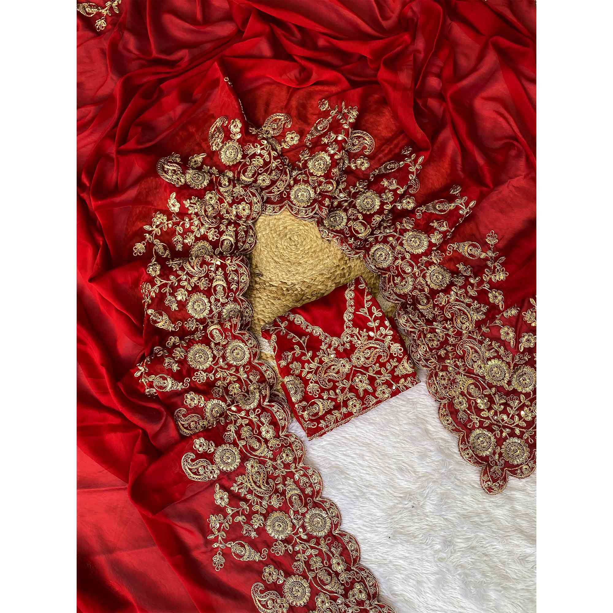 Red Floral Cording Embroidered Saree With Sparkling Sequins On Satin Rangoli Fabric
