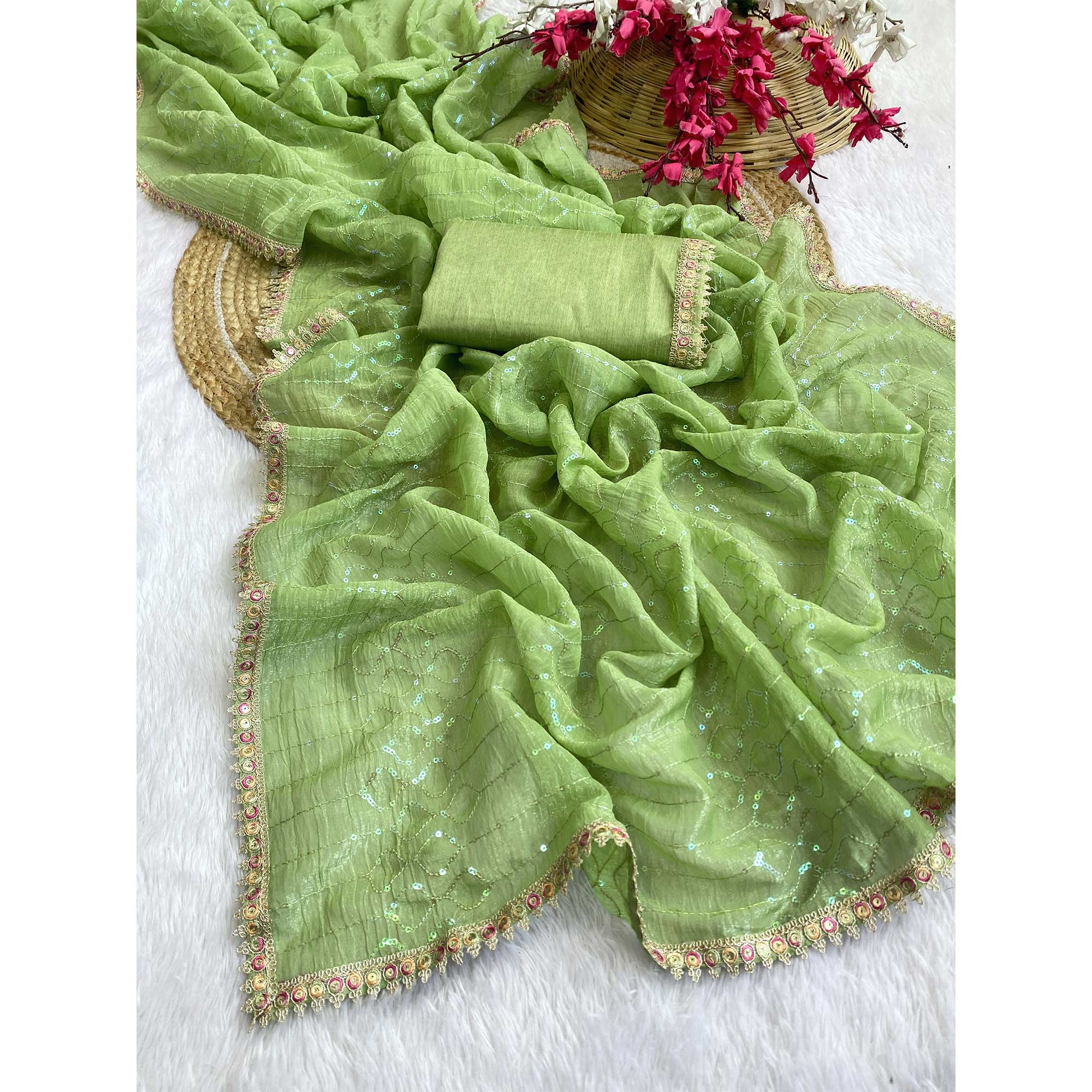 Green Crunchy Saree With Sequins Embroidery & Delicate Lace Border