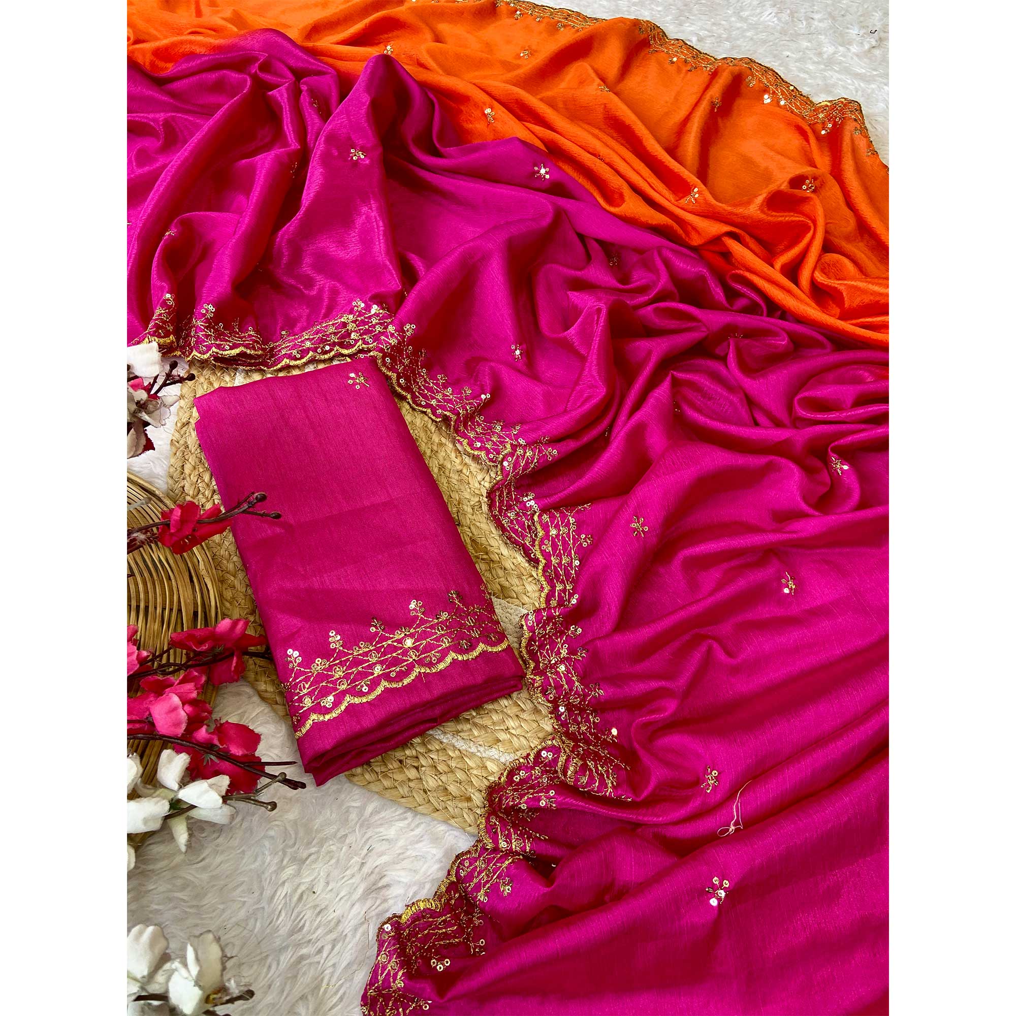 Pink & Orange Chinon Saree With Delicate Floral Sequins Work And Lace Border