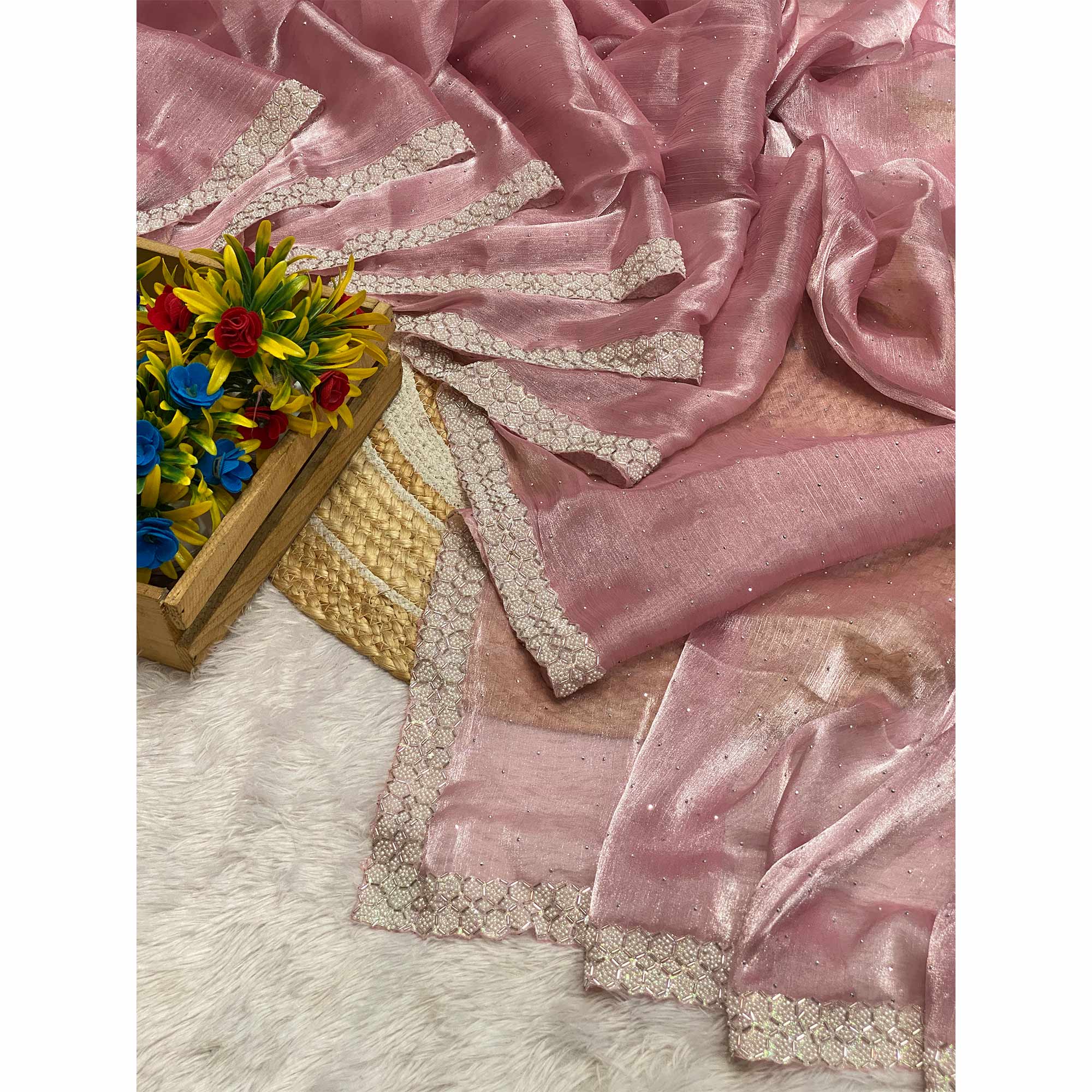 Gajari Pink Satin Burberry Saree Adorned With Sparkling Swarovski & Elegant Moti Work Border