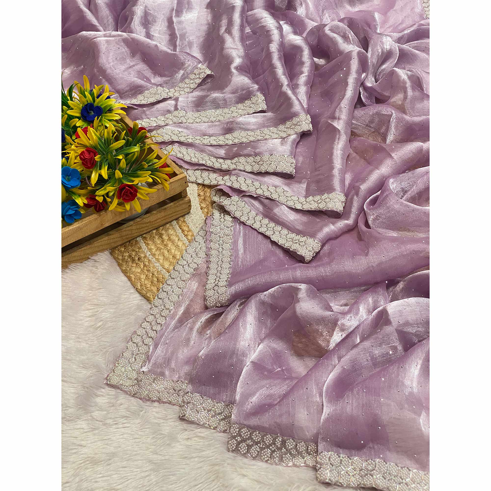 Lavender Satin Burberry Saree Adorned With Sparkling Swarovski & Elegant Moti Work Border