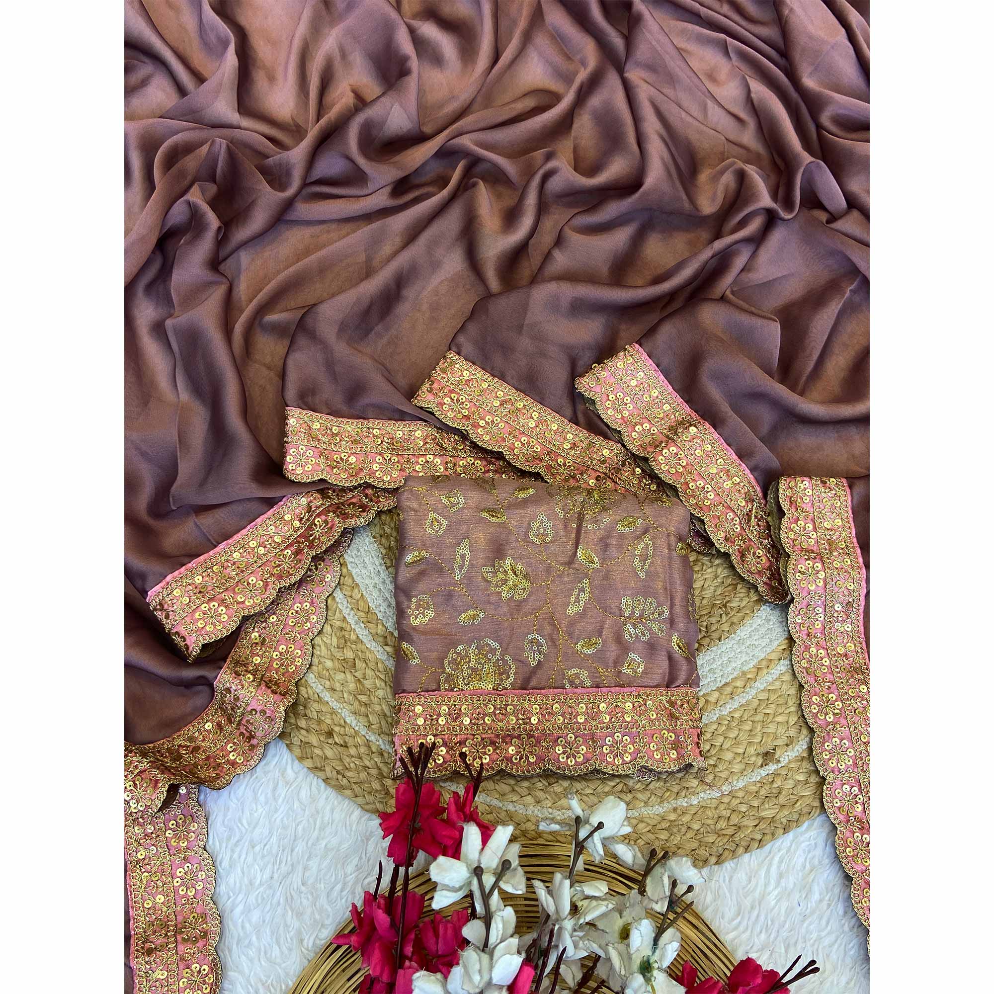 Classic Mauve Solid Saree In Satin Rangoli With Graceful Embroidered Border Detailing