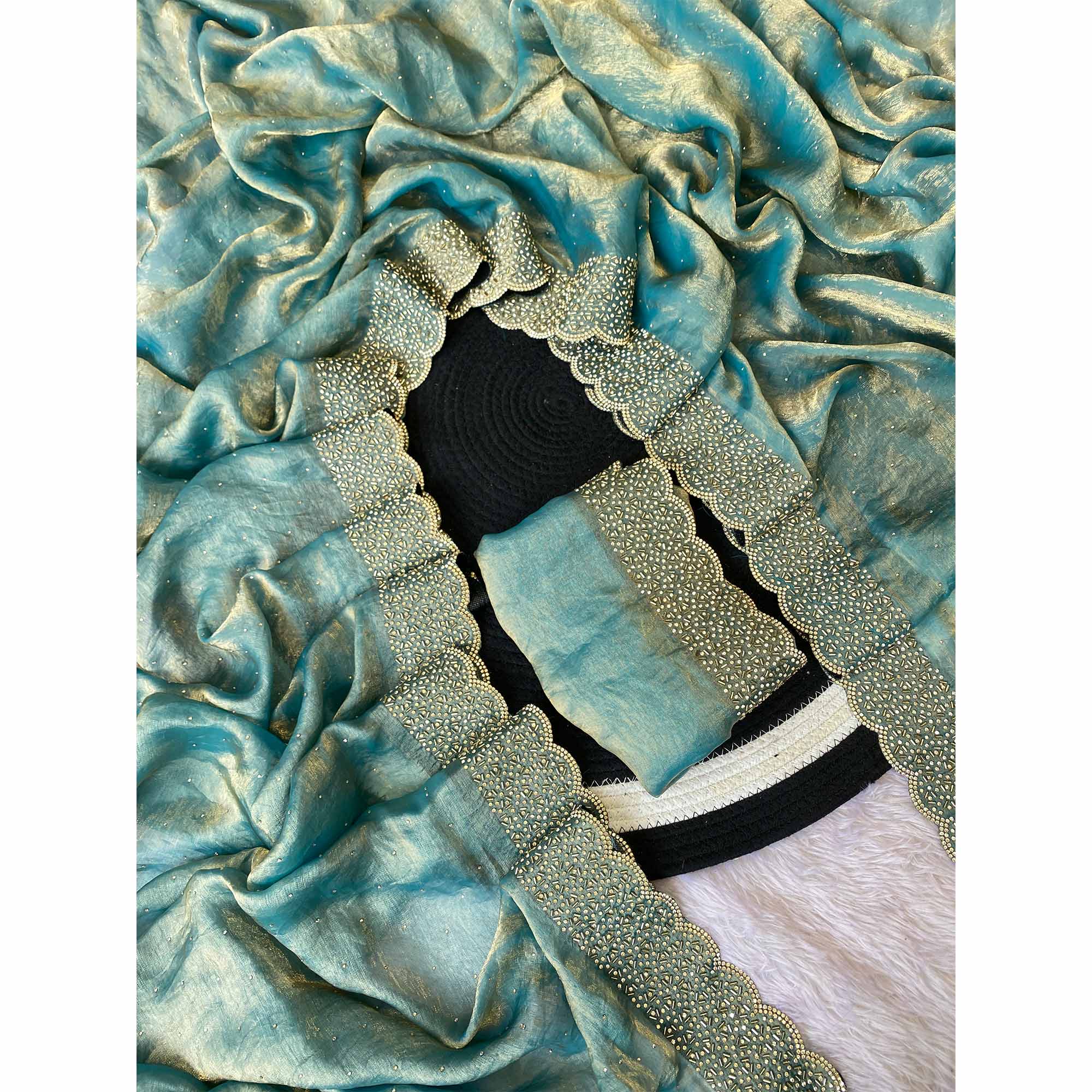 Blue Fandy Satin Saree Featuring Intricate Swarovski Work & Decorative Zarkan Border