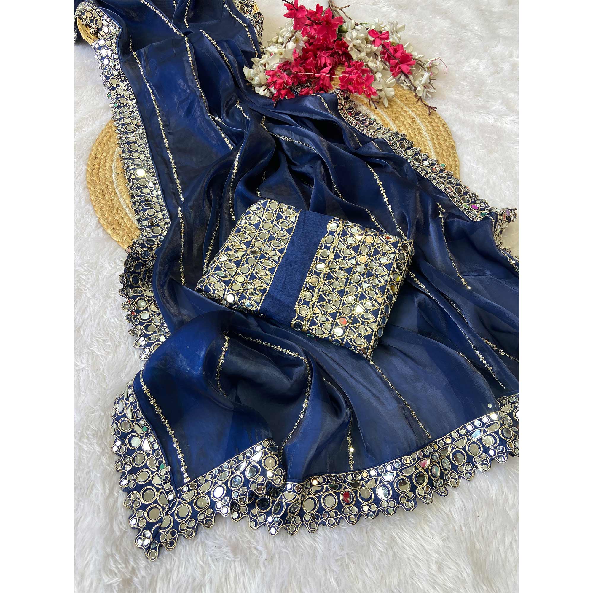 Blue Jimmy Choo Satin Saree Adorned With Sequins Embroidery & Mirror Accents