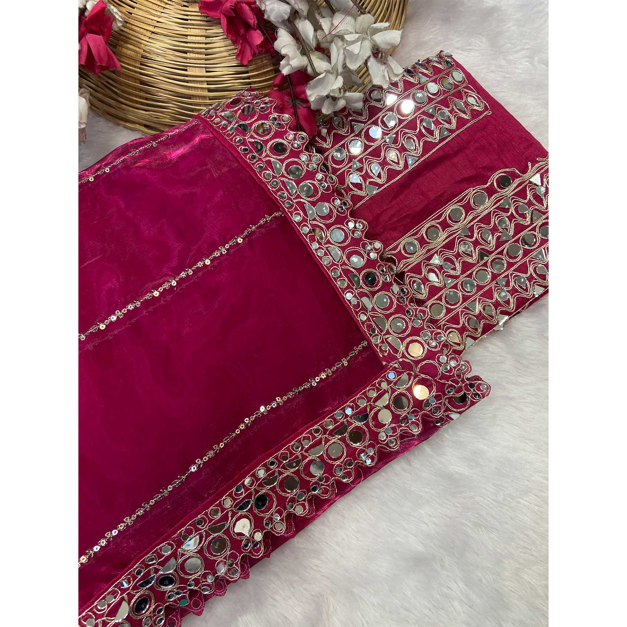 Rani Pink Jimmy Choo Satin Saree Adorned With Sequins Embroidery & Mirror Accents