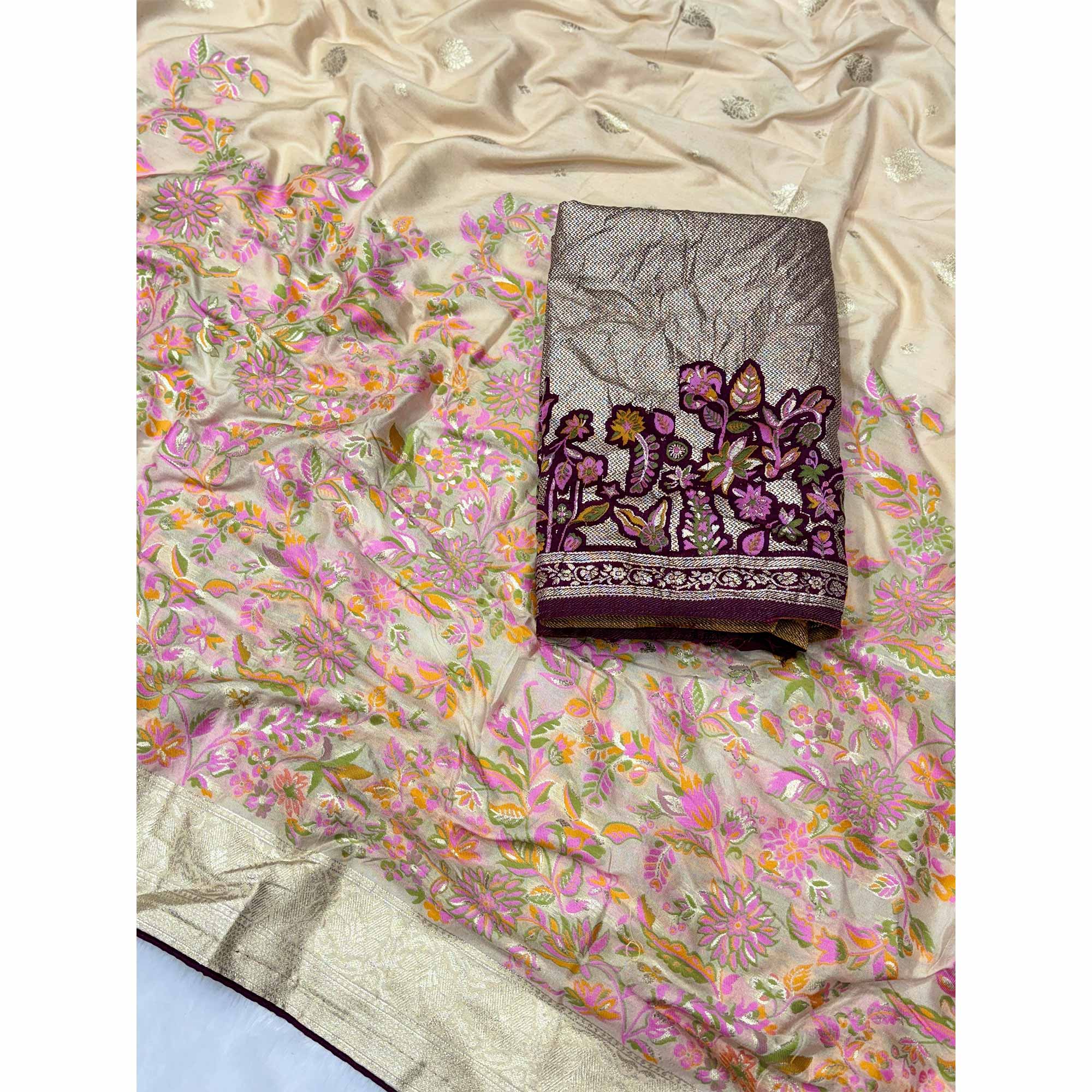 Chikoo Floral Zari Woven Dola Silk Saree For A Timeless Ethnic Look