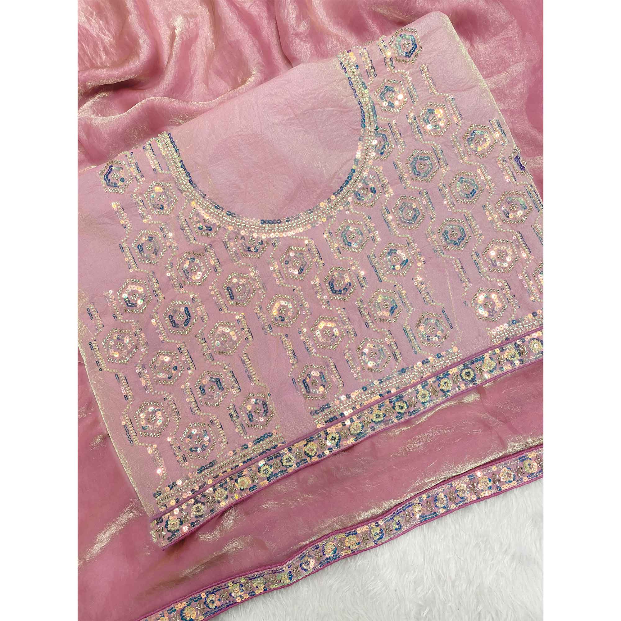 Baby Pink Satin Saree Featuring Detailed Beads & Sequins Embroidery For A Radiant Look
