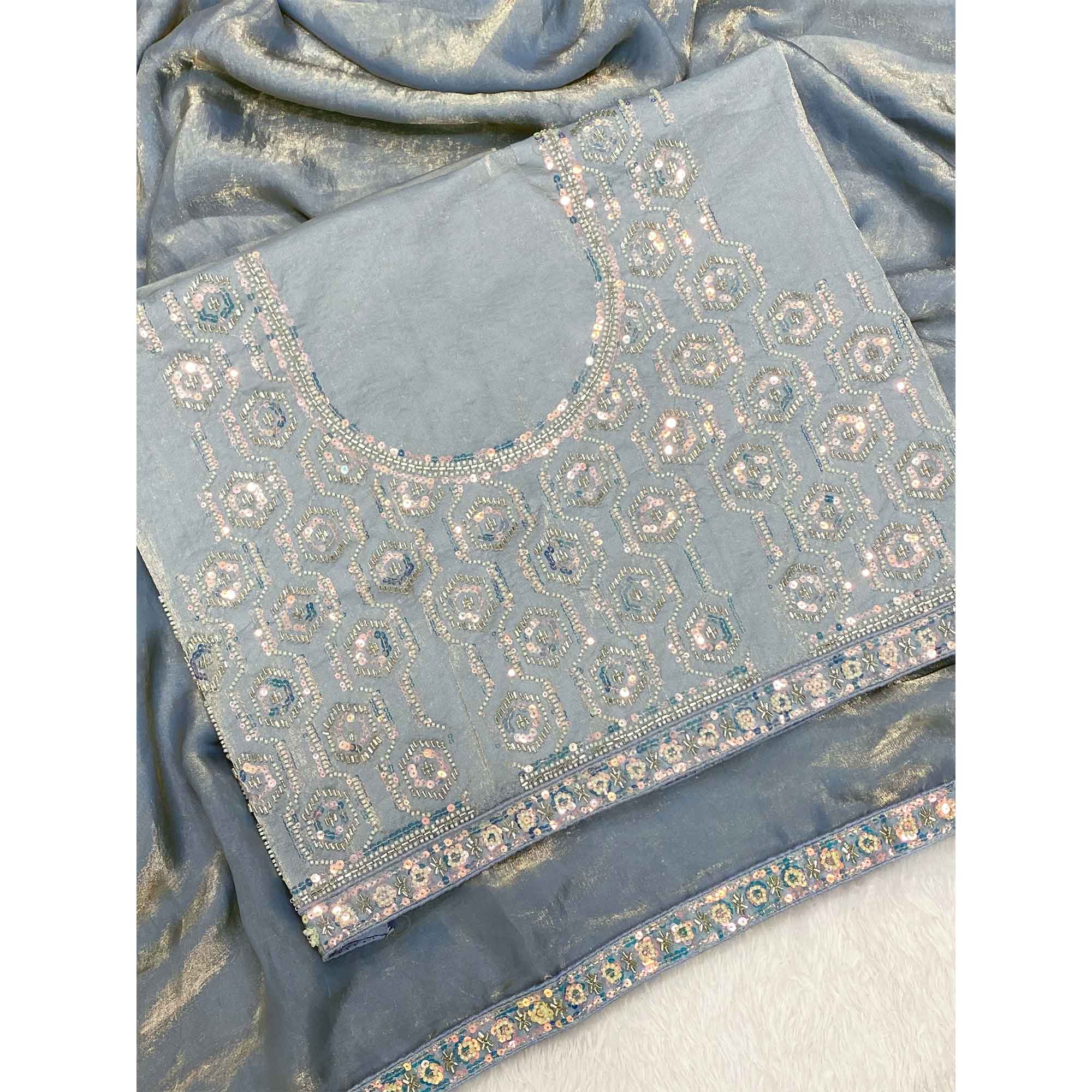 Grey Satin Saree Featuring Detailed Beads & Sequins Embroidery For A Radiant Look