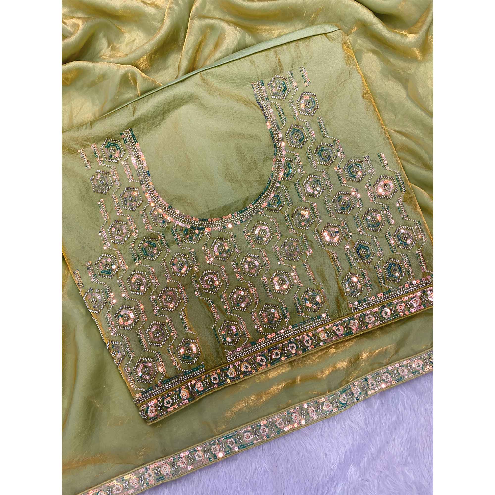 Pista Green Satin Saree Featuring Detailed Beads & Sequins Embroidery For A Radiant Look