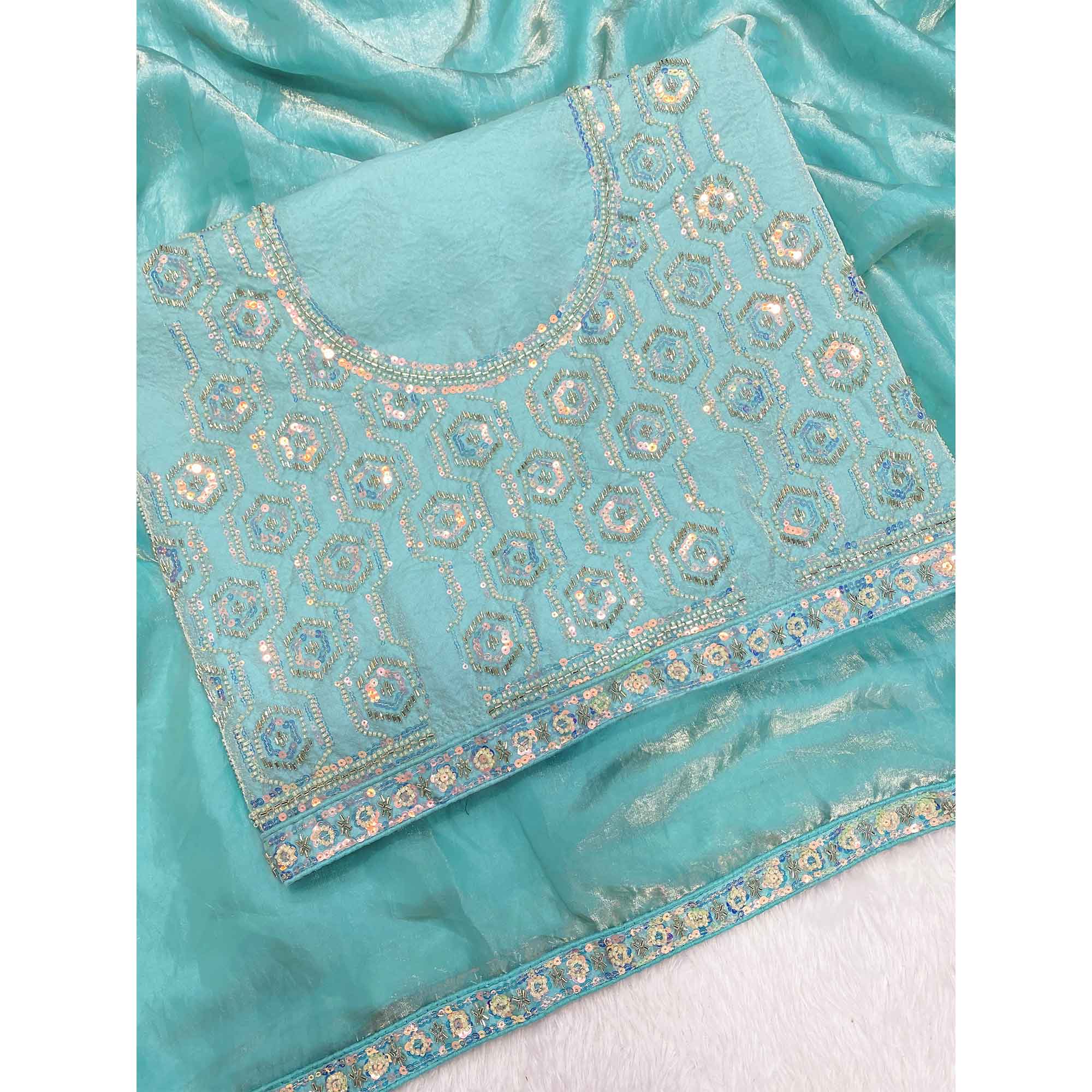 Turquoise Satin Saree Featuring Detailed Beads & Sequins Embroidery For A Radiant Look