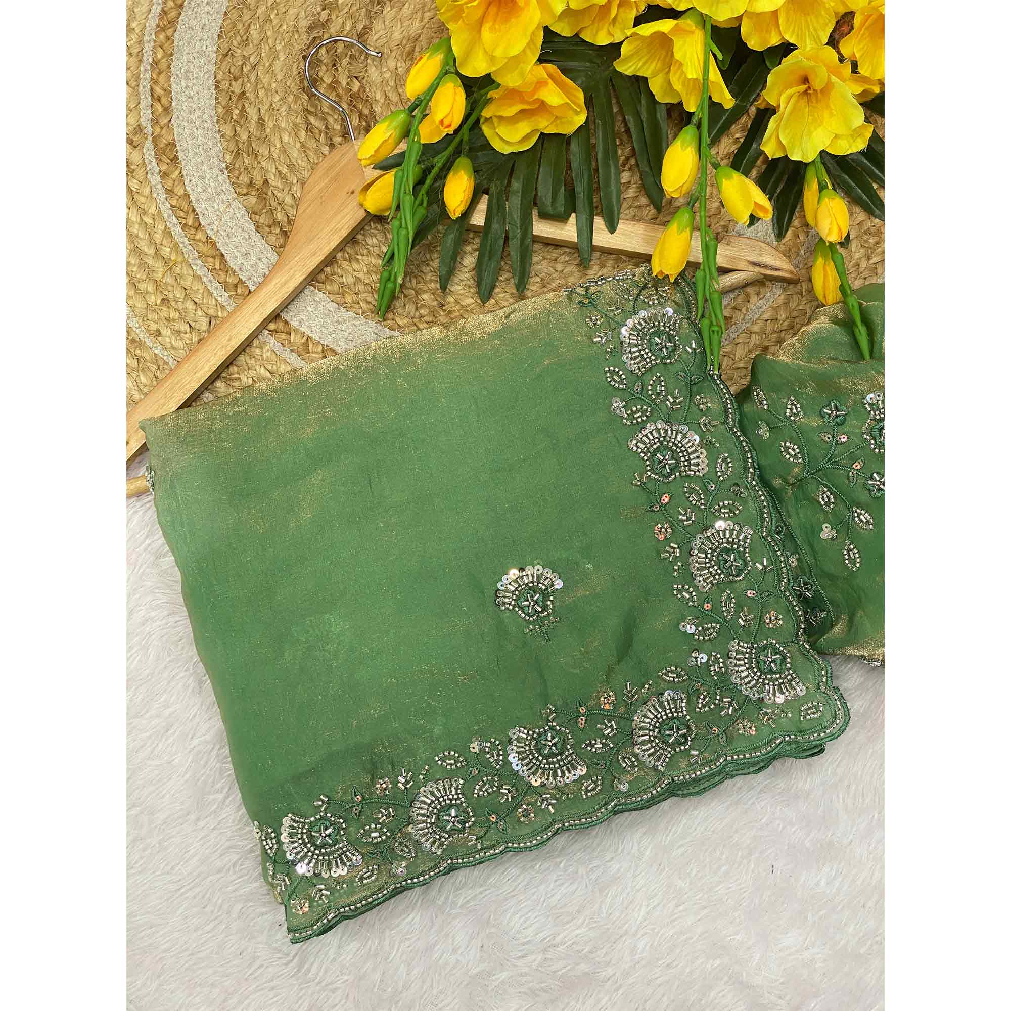 Green Satin Saree With Intricate Floral Beads & Cutdana With Sequins Embroidery Work