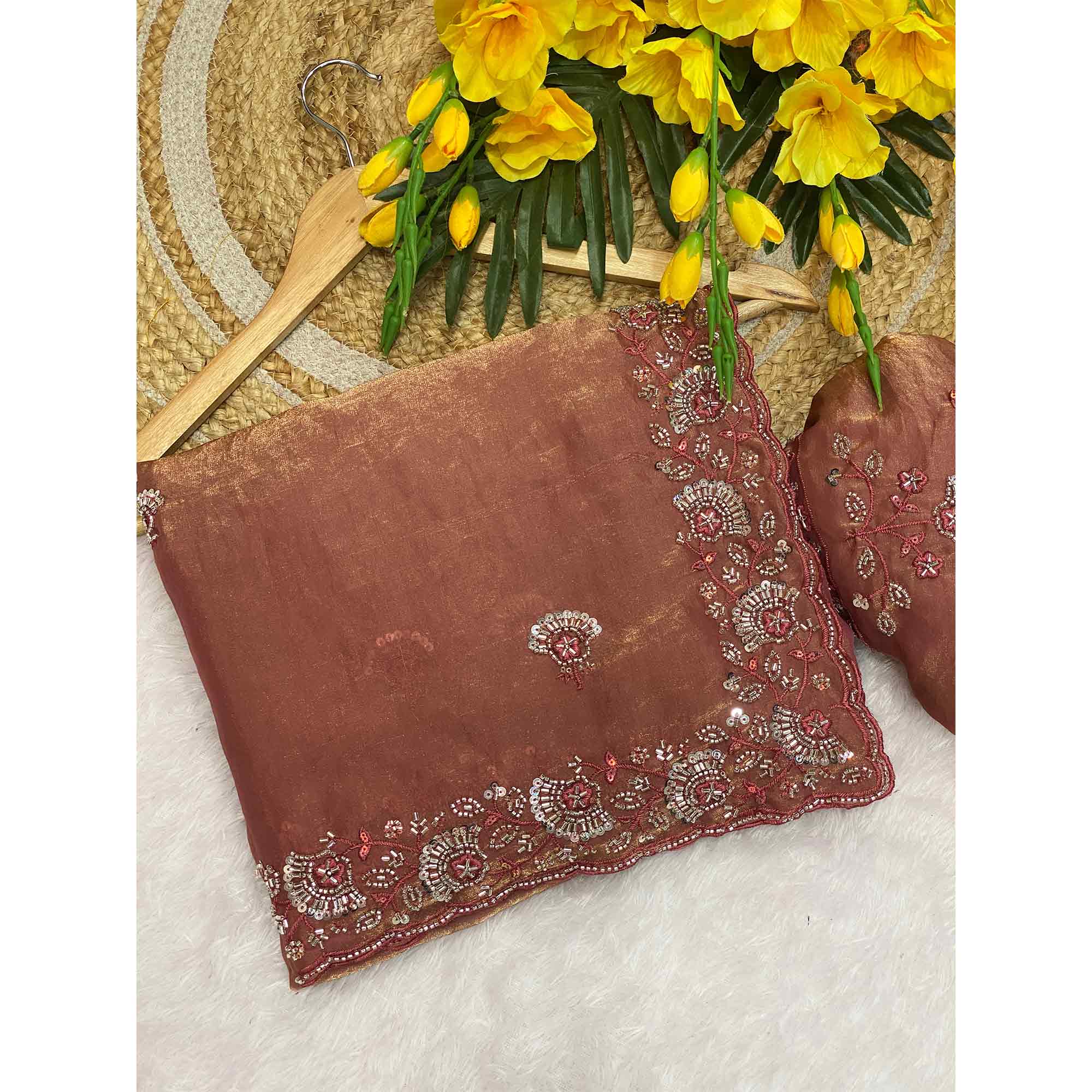Rust Satin Saree With Intricate Floral Beads & Cutdana With Sequins Embroidery Work
