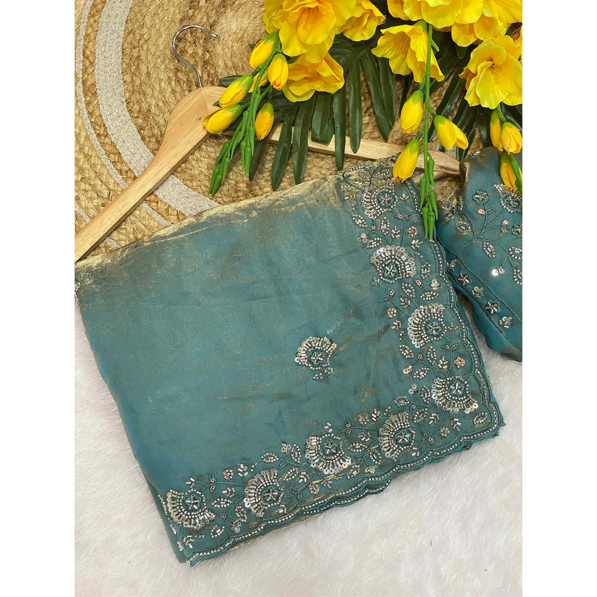 Turquoise Satin Saree With Intricate Floral Beads & Cutdana With Sequins Embroidery Work