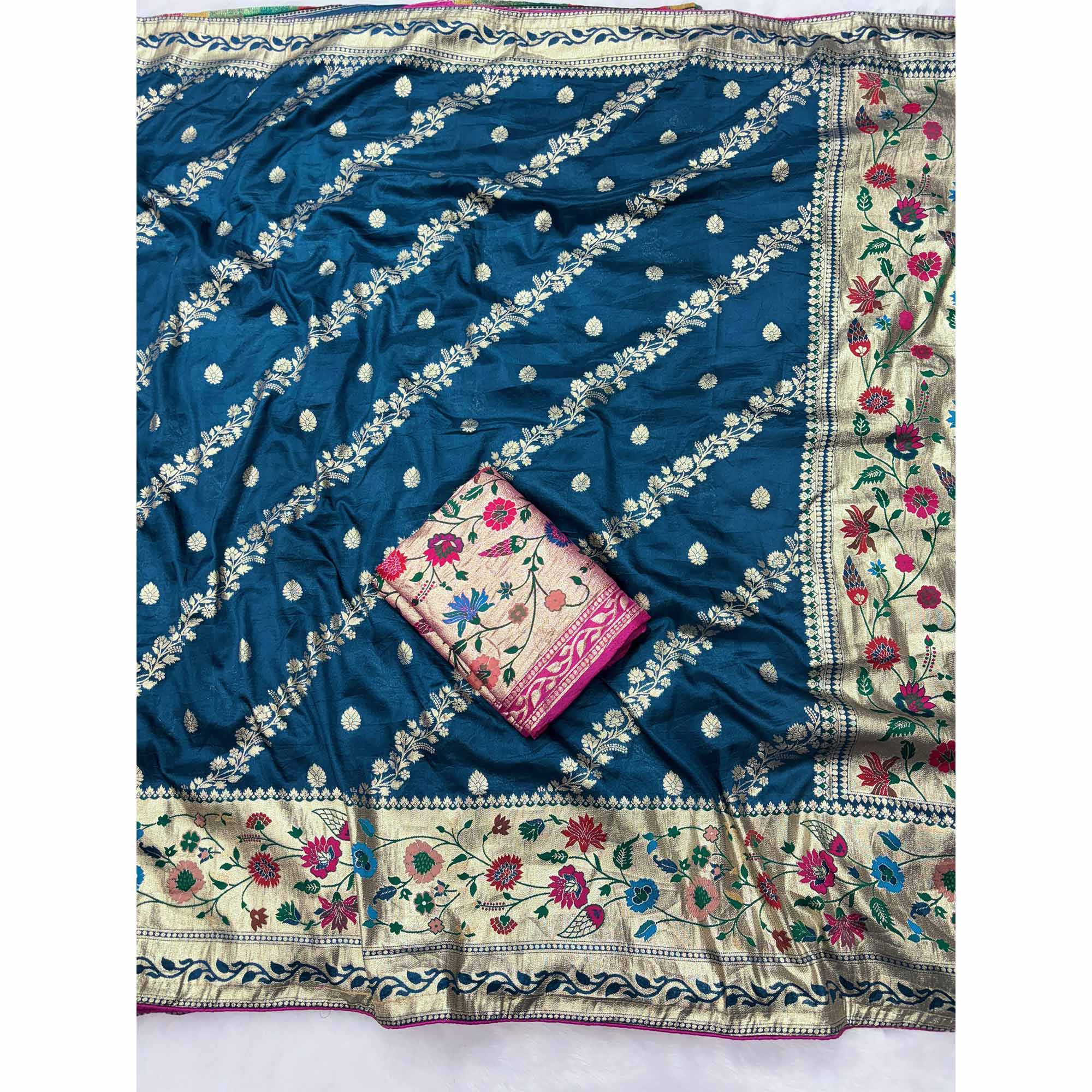 Blue Dola Silk Saree With Rich Floral Zari Weaving & Classic Elegance