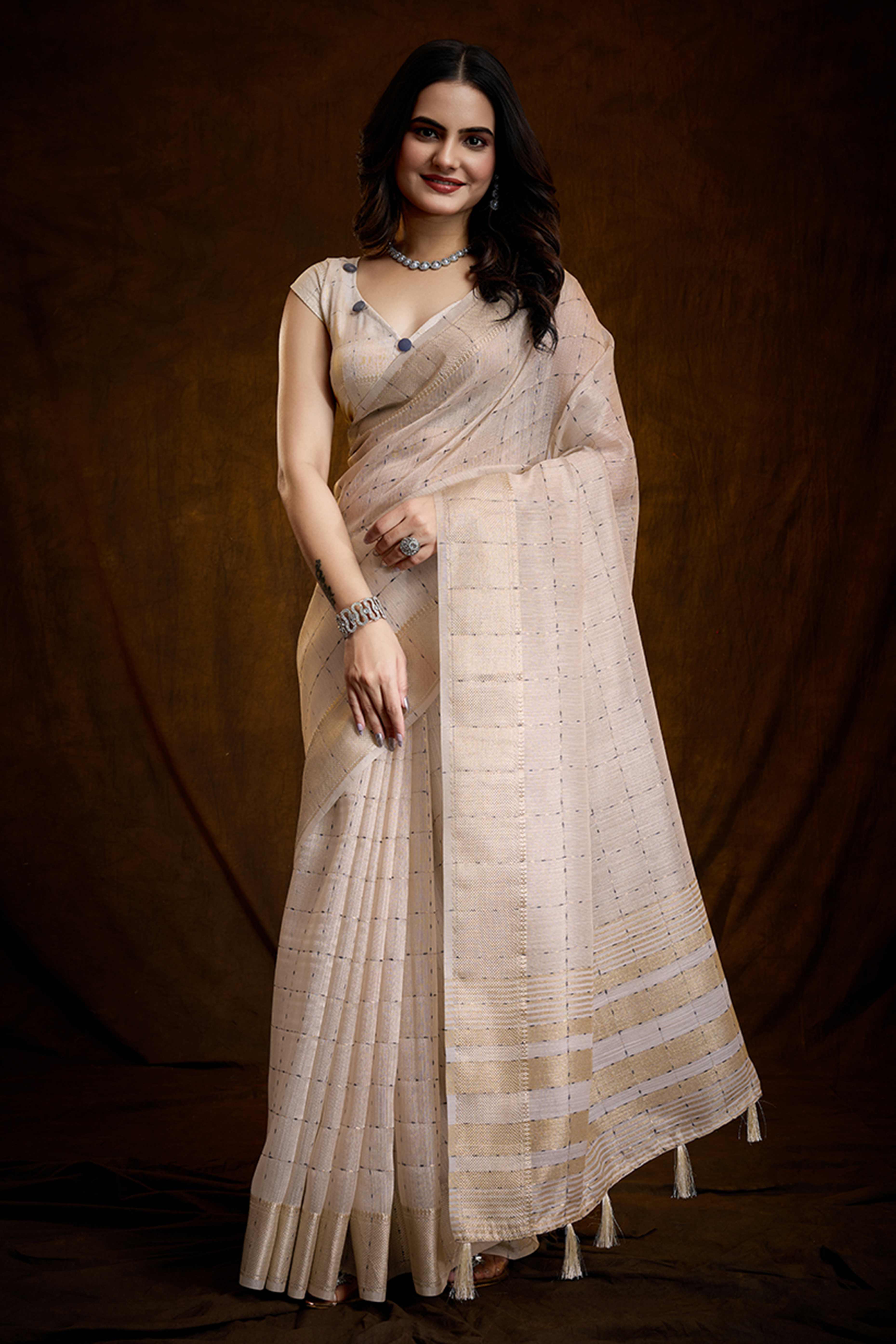 Beige Cotton Silk Saree with Rich Zari Weaving in Checkered Style