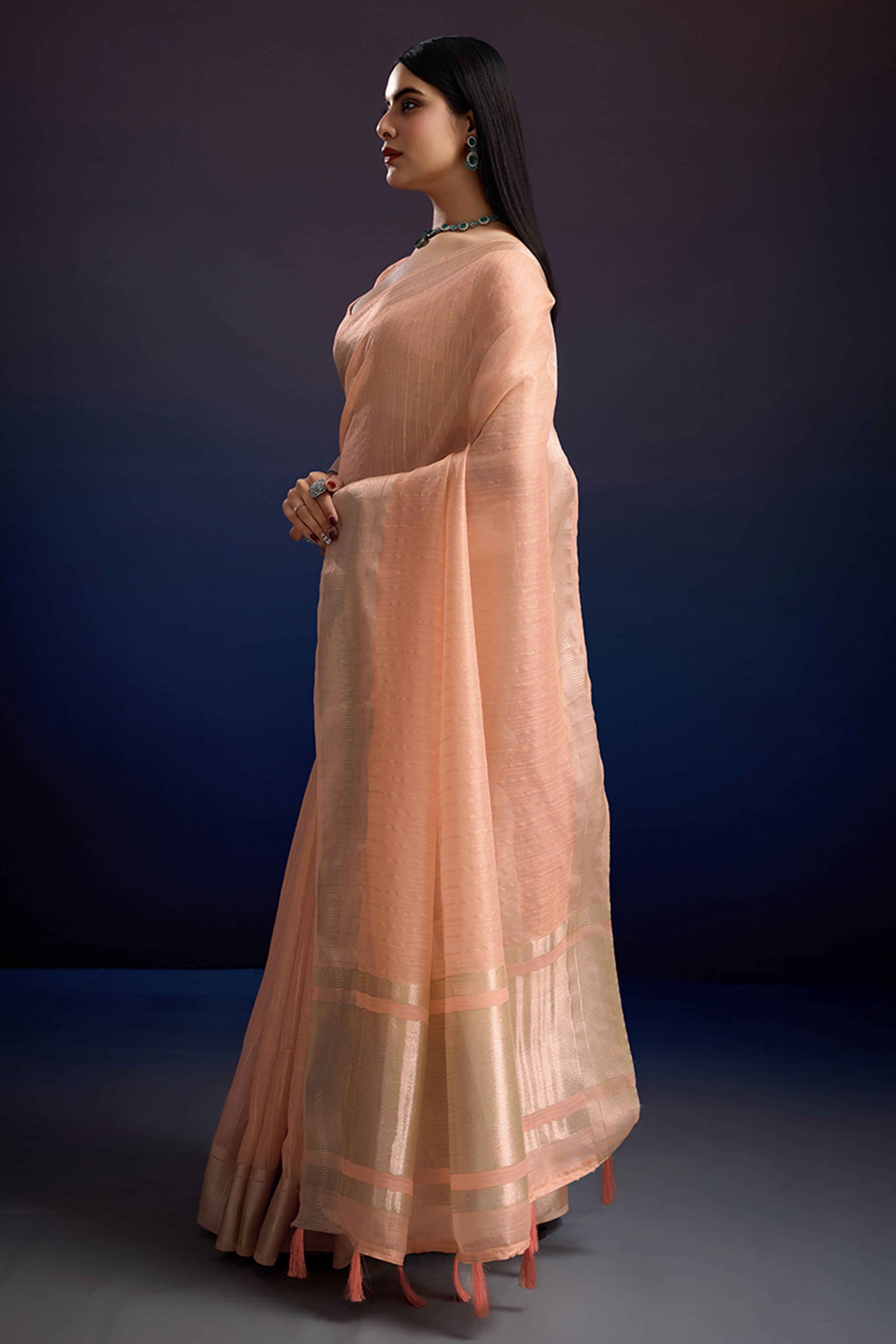 Festive Wear Peach Zari Woven Saree in Pure Linen Fabric