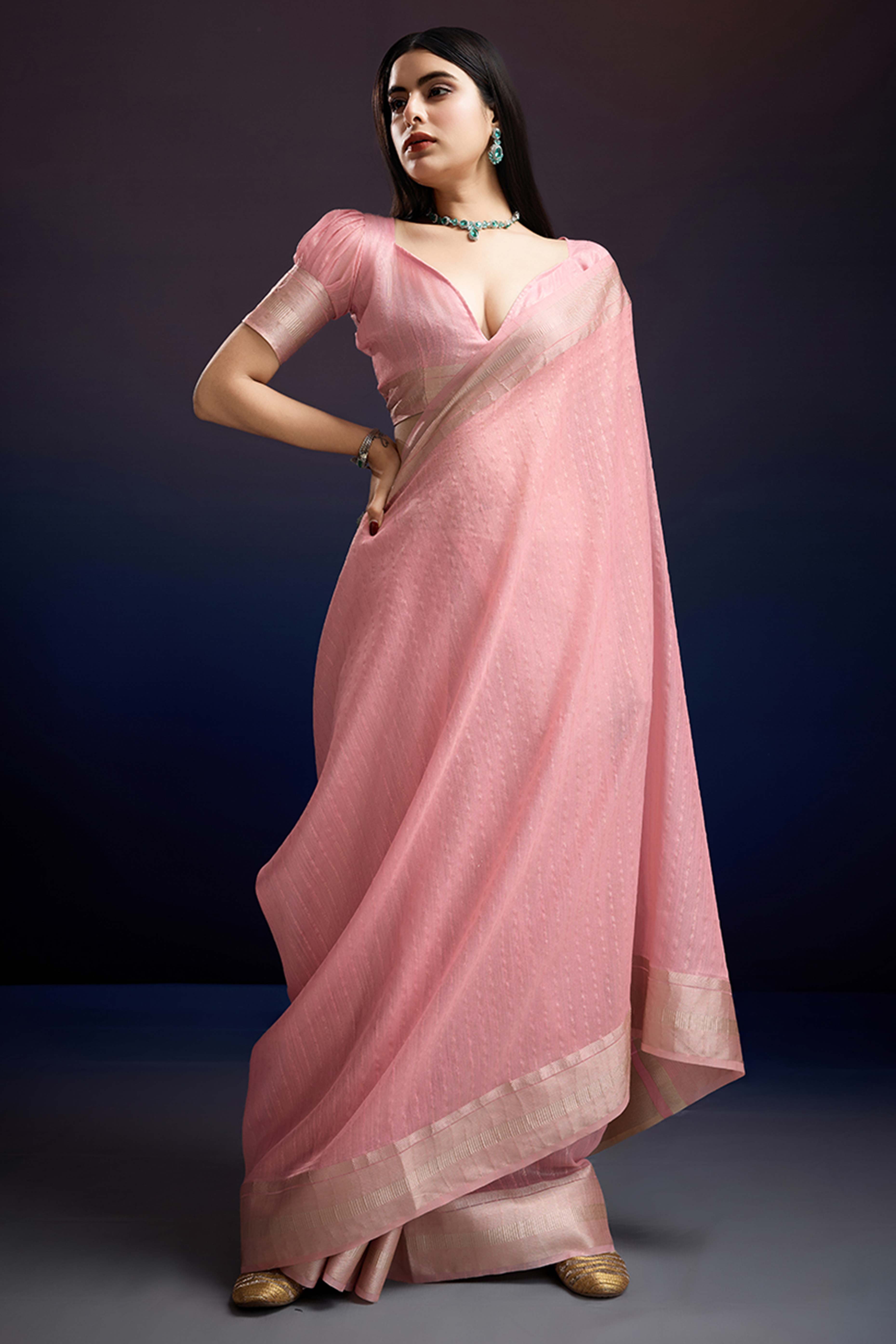 Festive Wear Pink Zari Woven Saree in Pure Linen Fabric