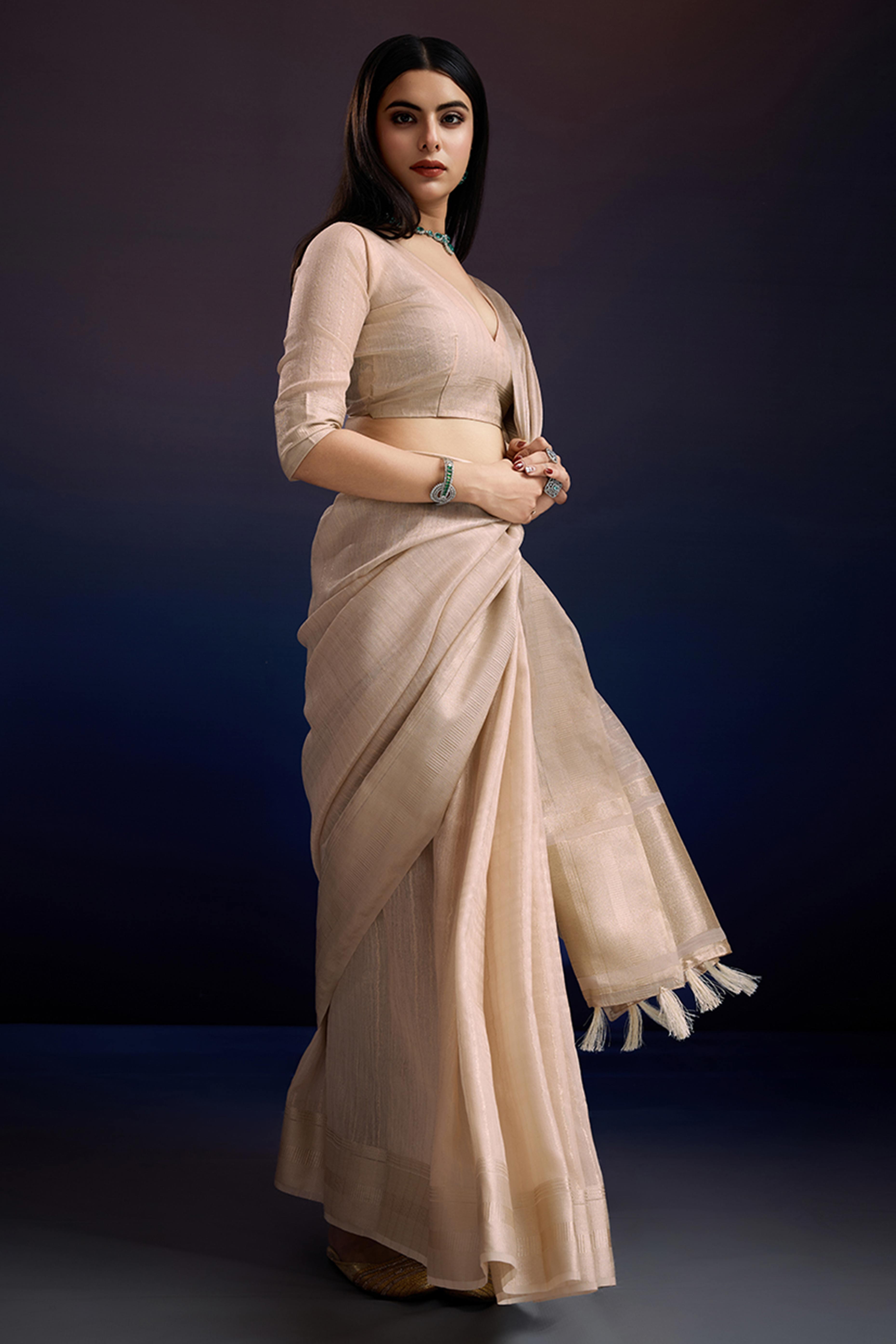 Festive Wear Beige Zari Woven Saree in Pure Linen Fabric