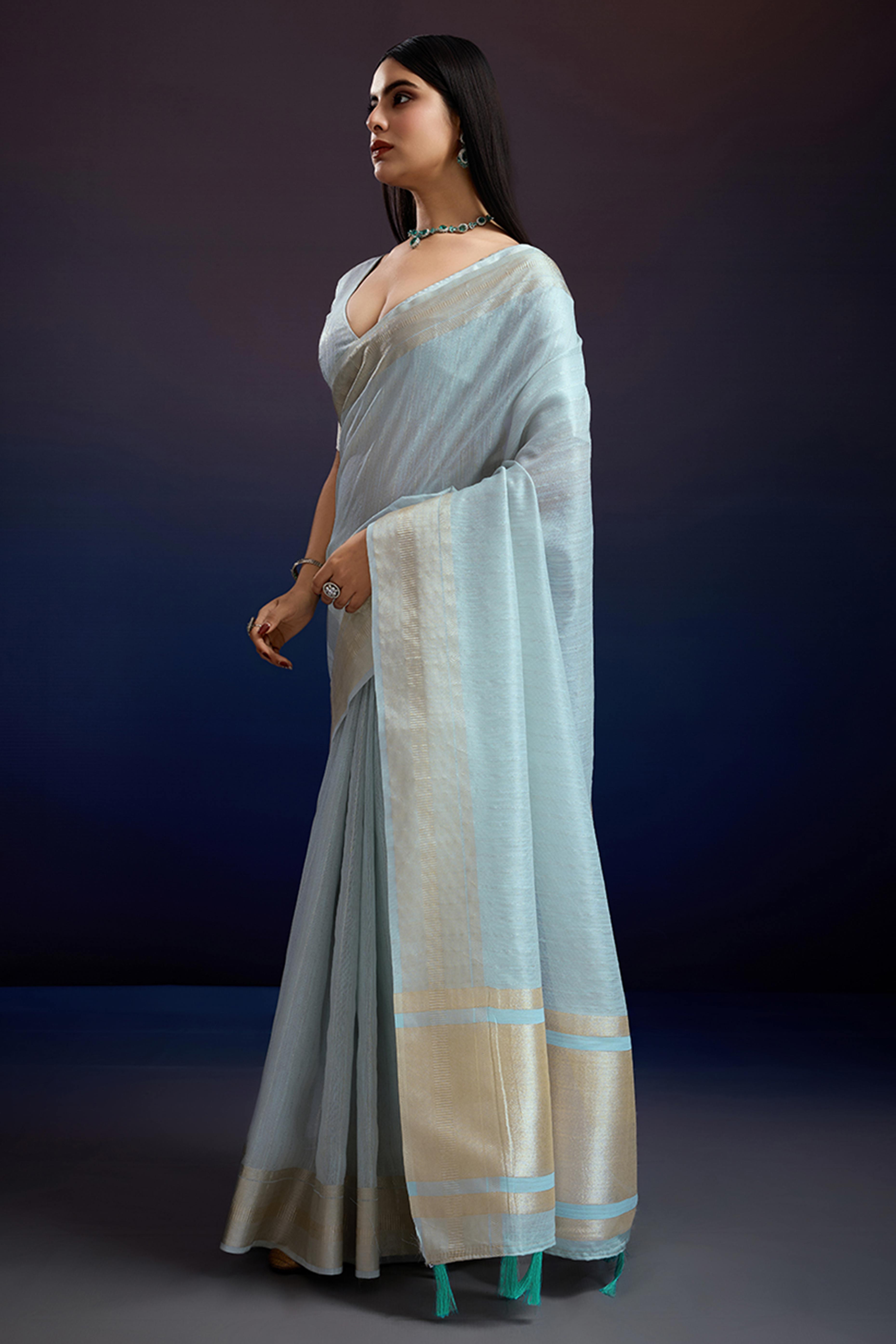 Festive Wear Blue Zari Woven Saree in Pure Linen Fabric