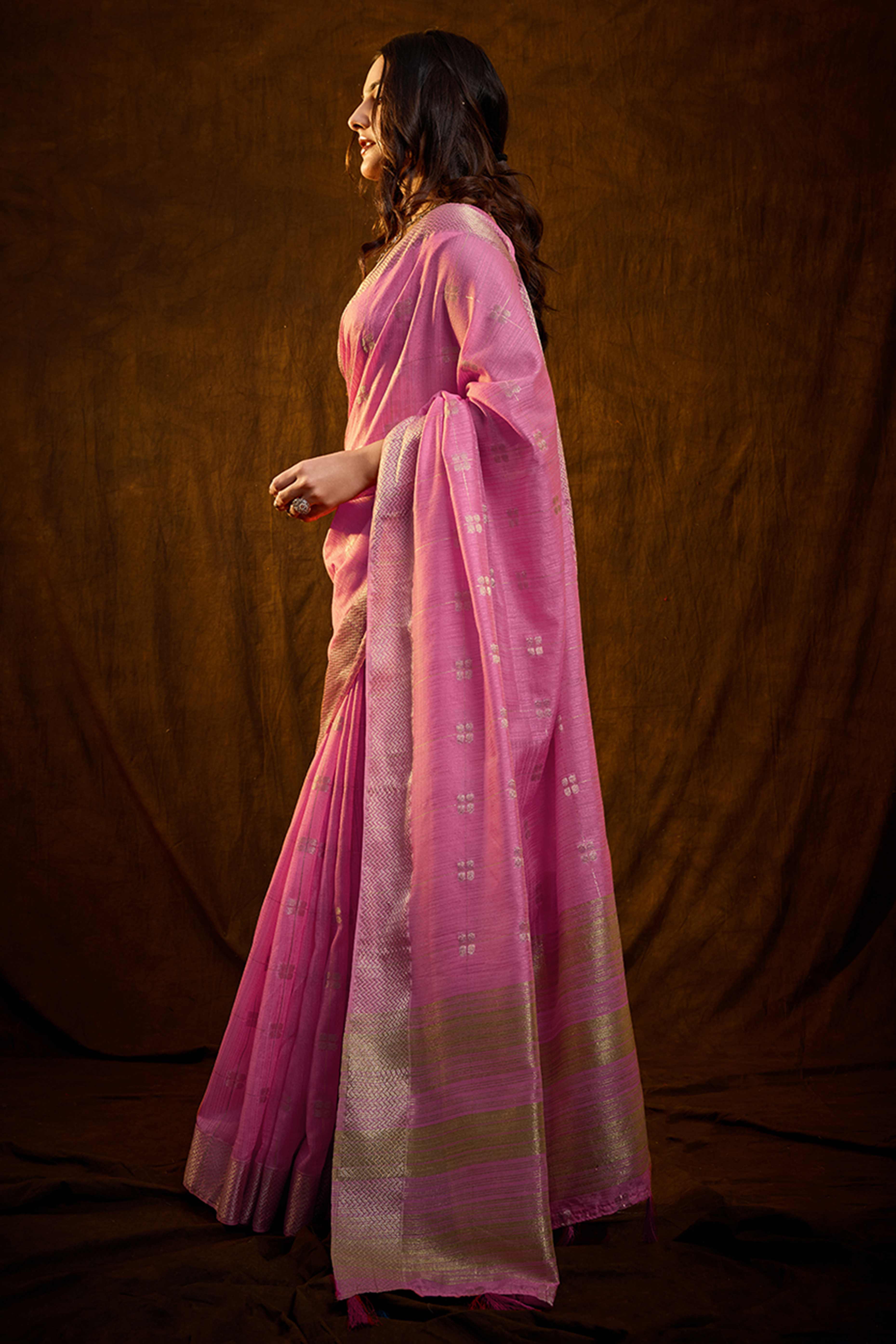 Pink Zari Woven Saree in Lustrous Cotton Silk Fabric