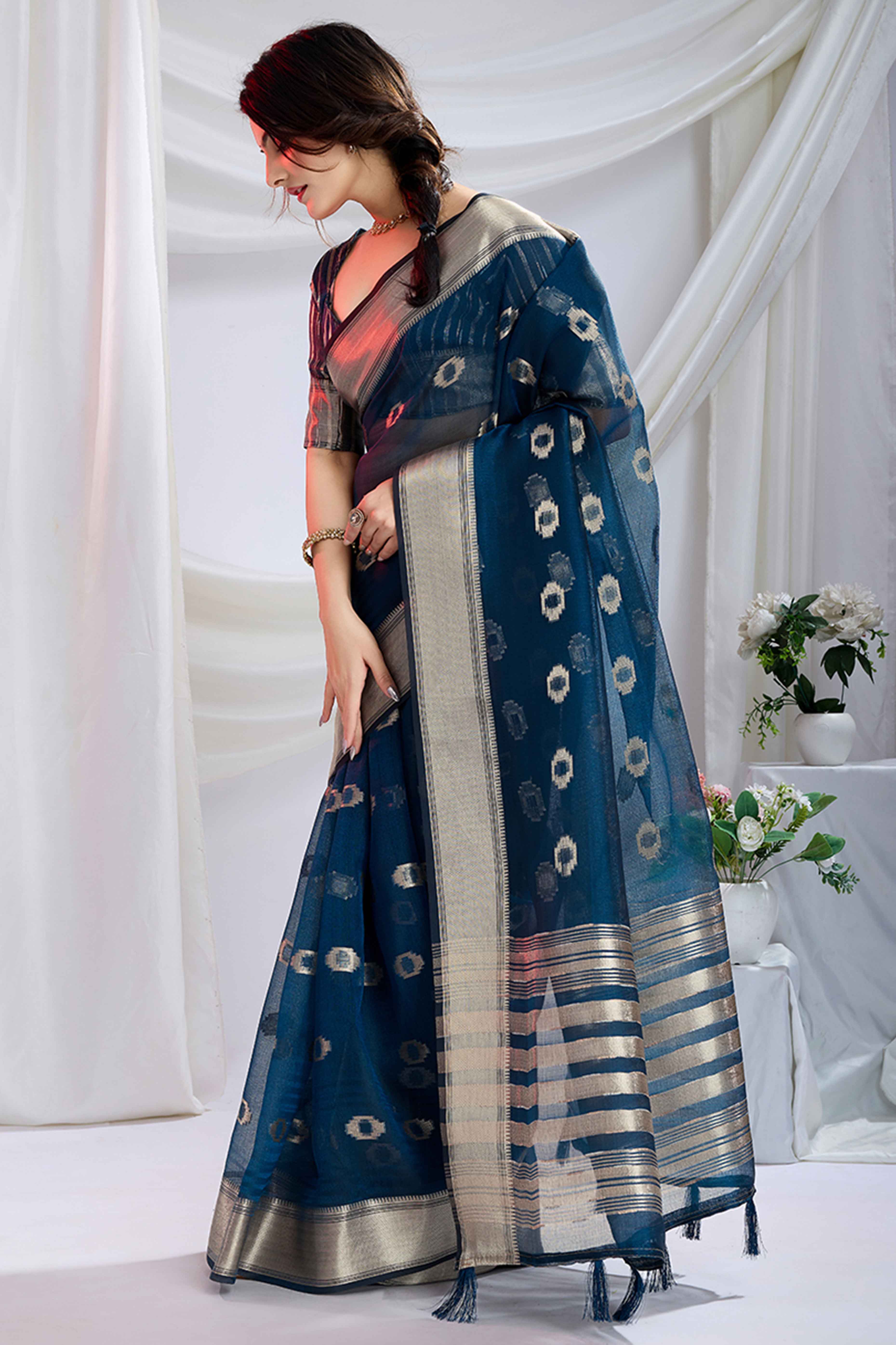 Navy Blue Zari Butti Saree in Lightweight Tissue Fabric