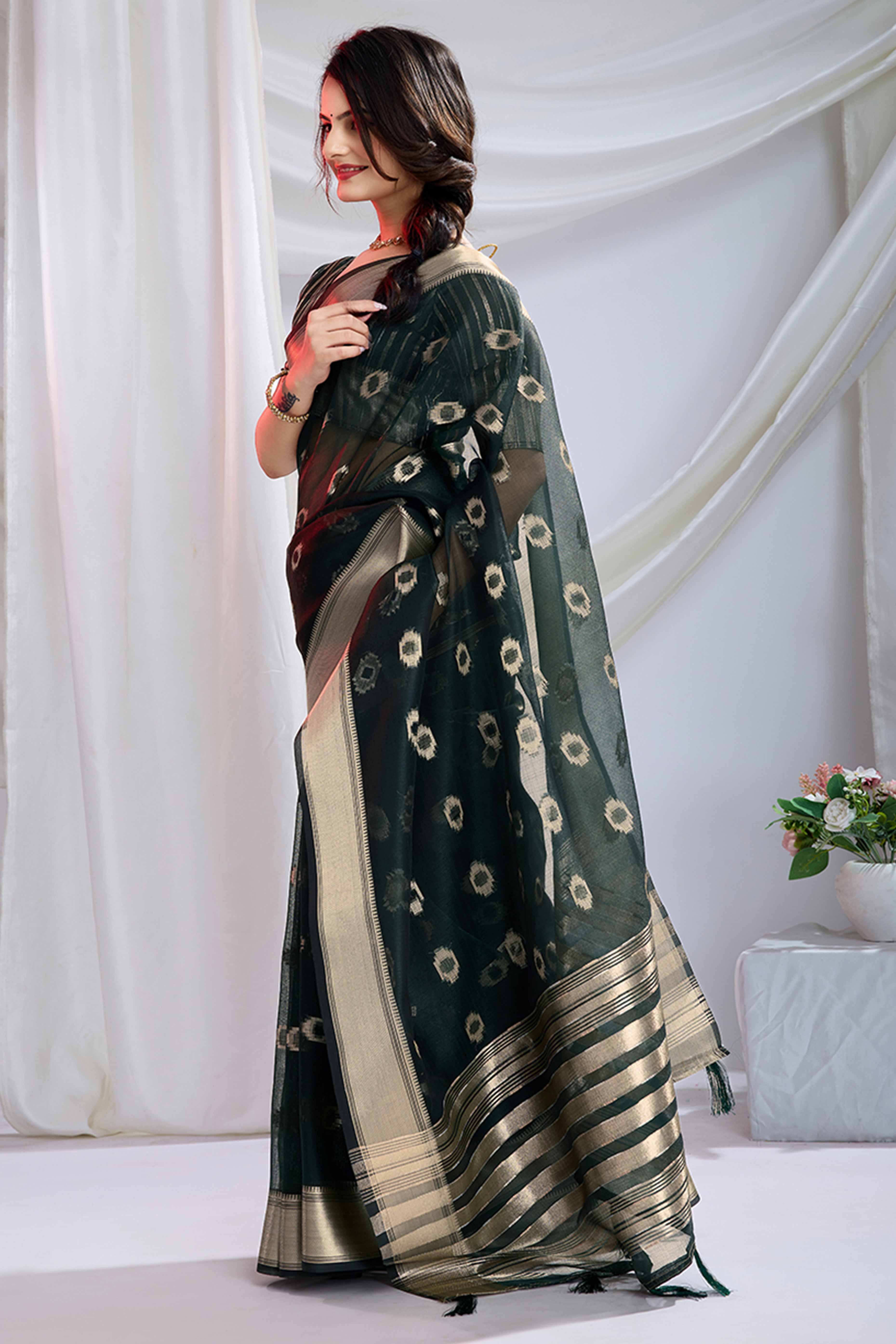 Dark Green Zari Butti Saree in Lightweight Tissue Fabric