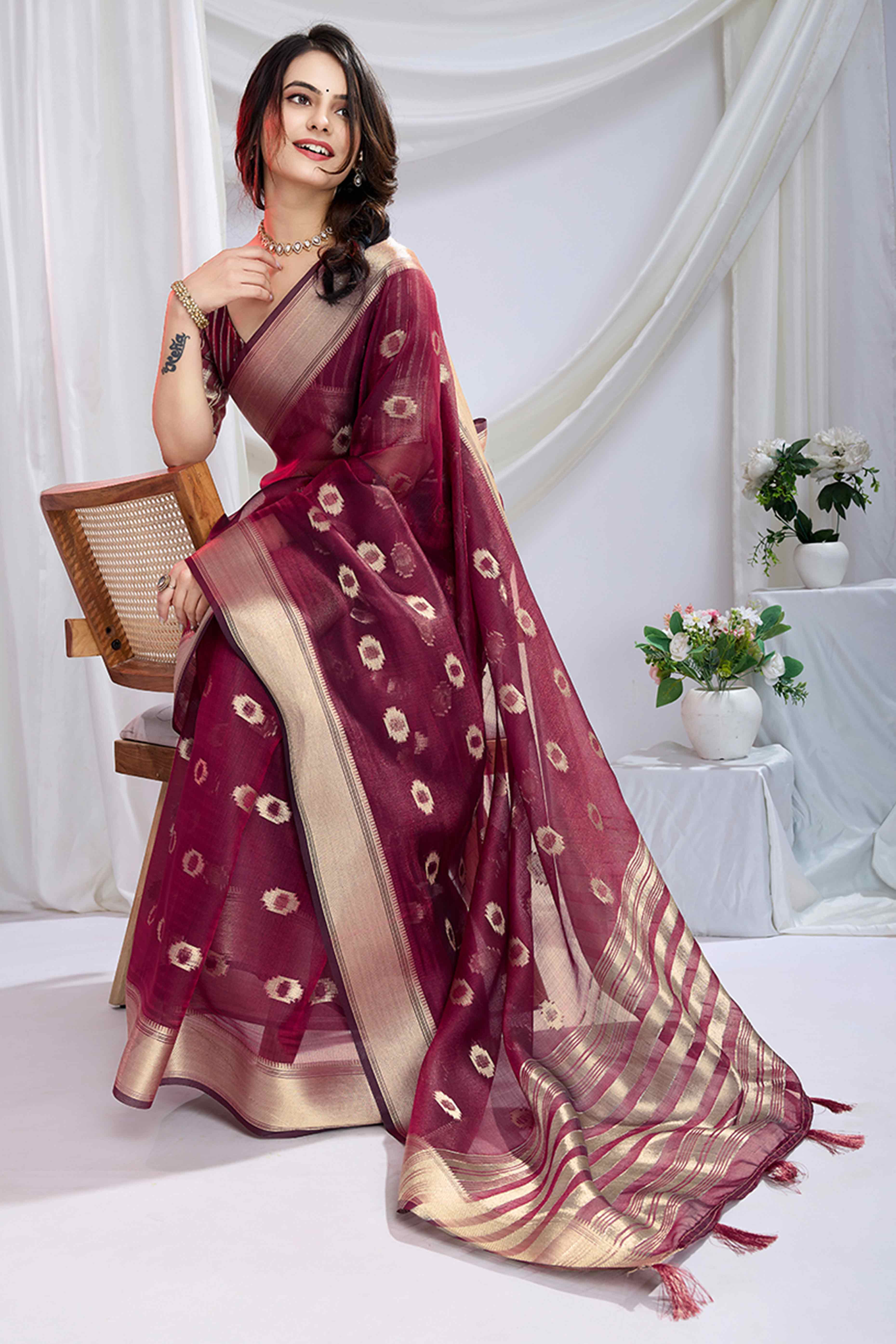 Dark Maroon Zari Butti Saree in Lightweight Tissue Fabric