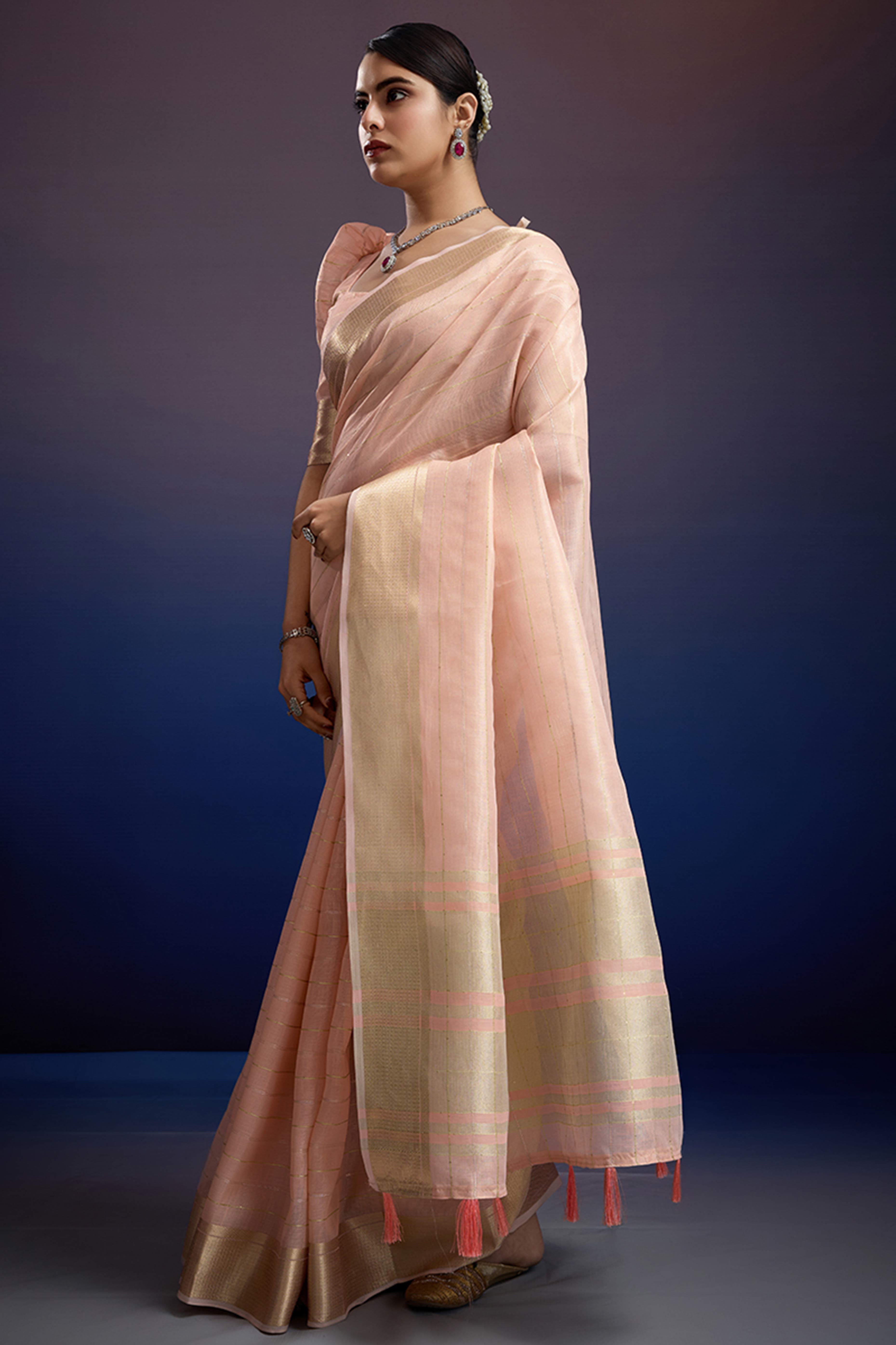 Light Peach Pure Linen Saree with Gold Toned Zari Weave