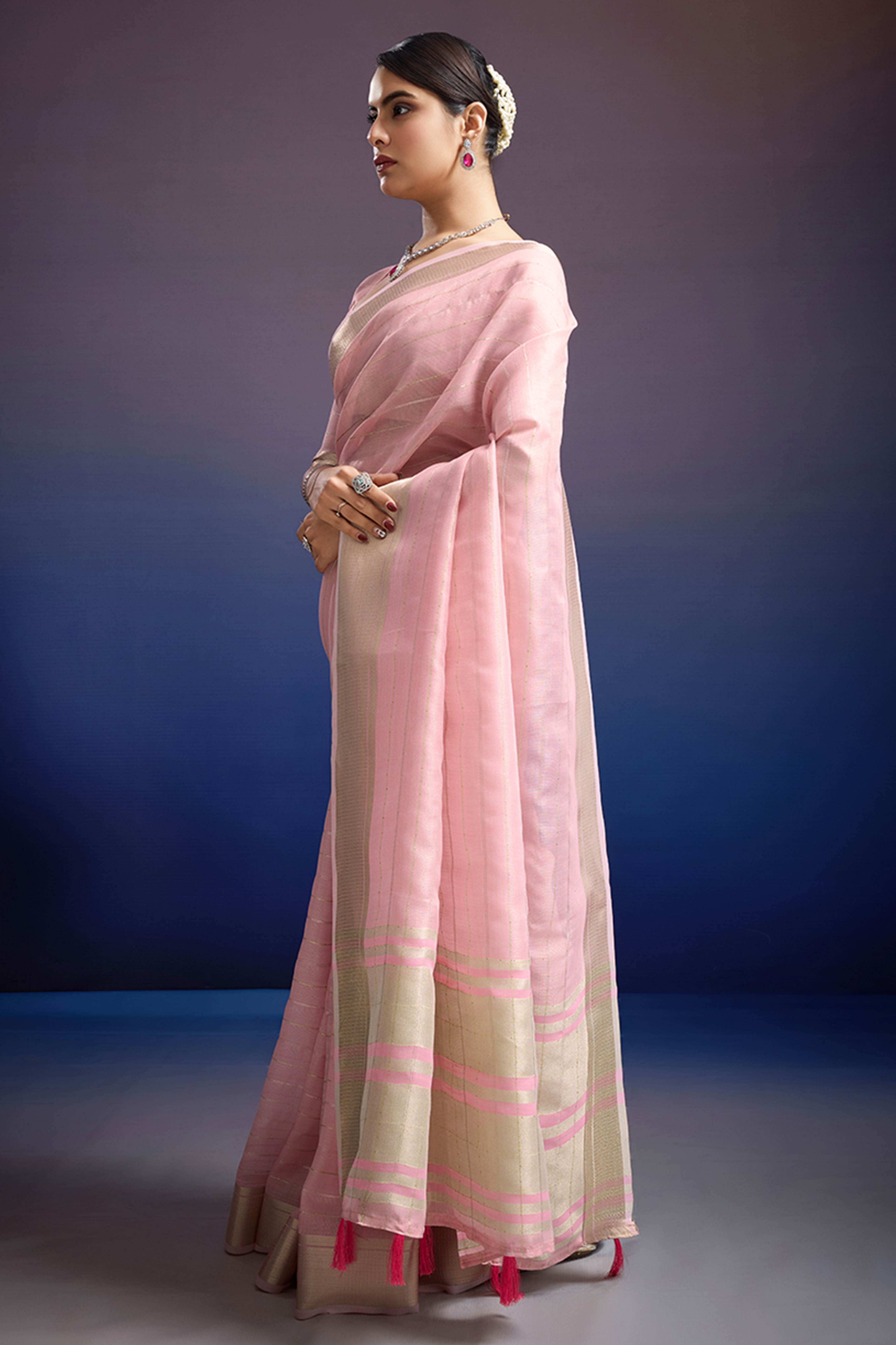 Soft Pink Pure Linen Saree with Gold Toned Zari Weave