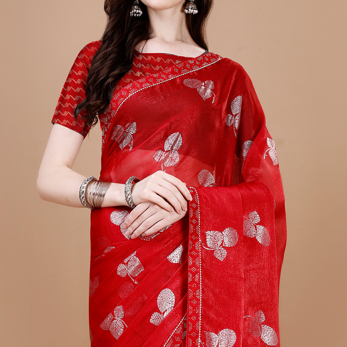 Red Floral Foil Printed Chiffon Saree