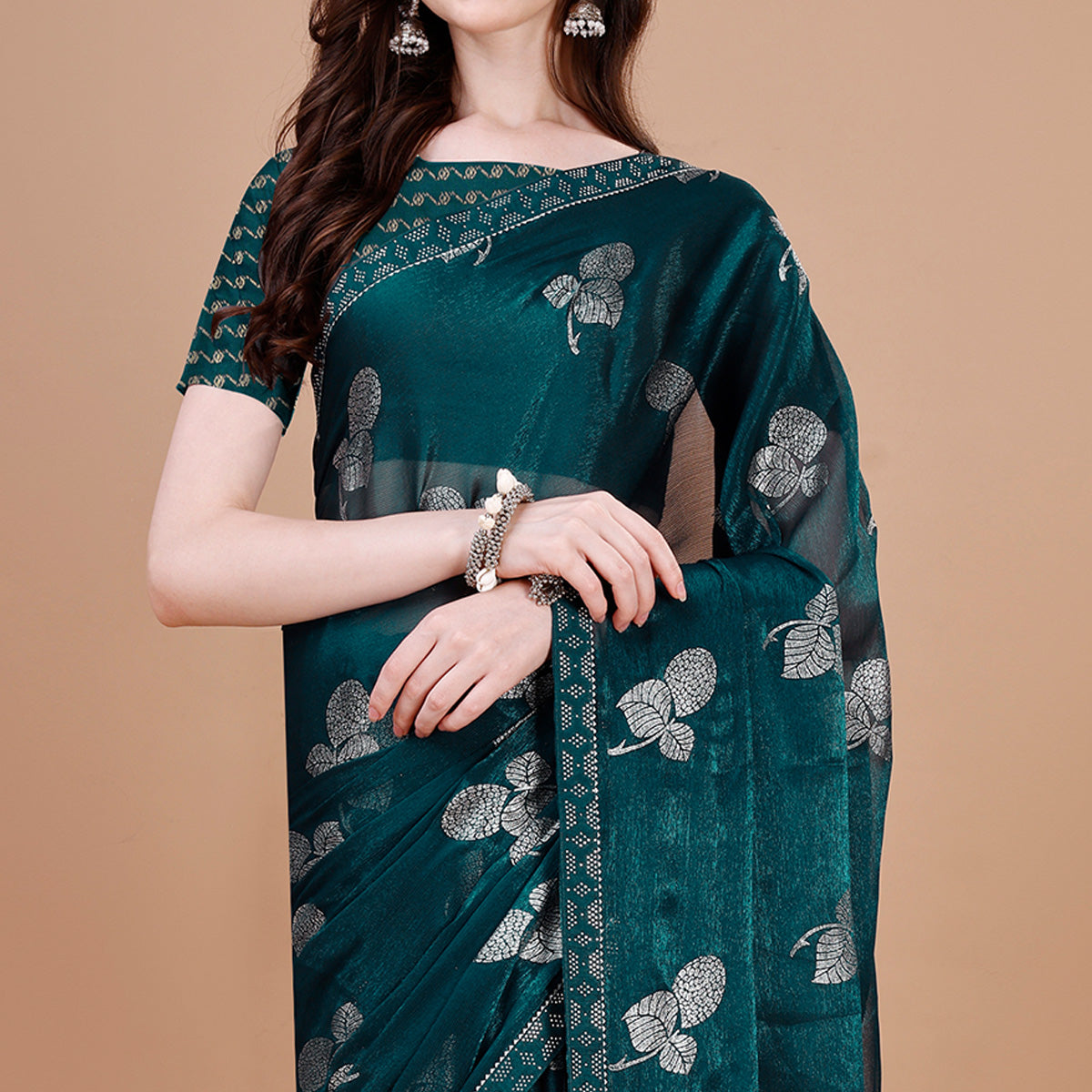 Blue Floral Foil Printed Chiffon Saree