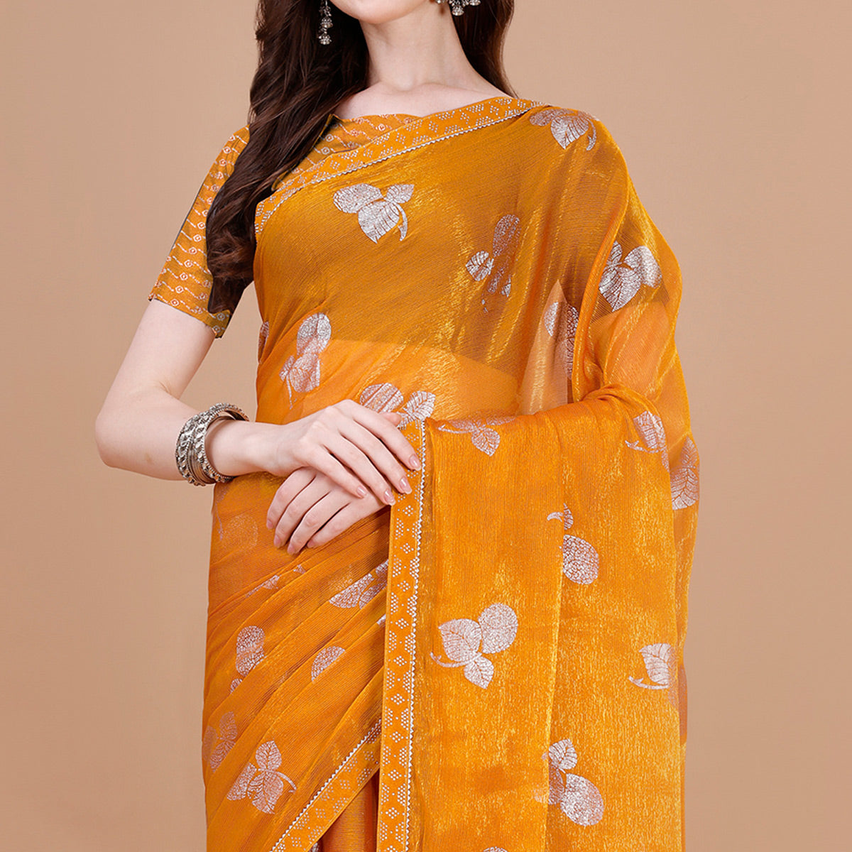 Orange Floral Foil Printed Chiffon Saree
