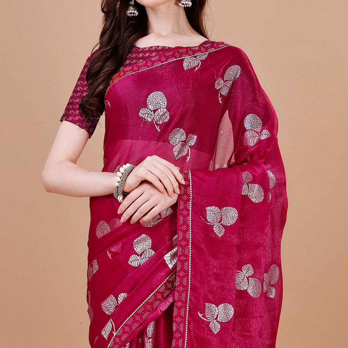 Pink Floral Foil Printed Chiffon Saree