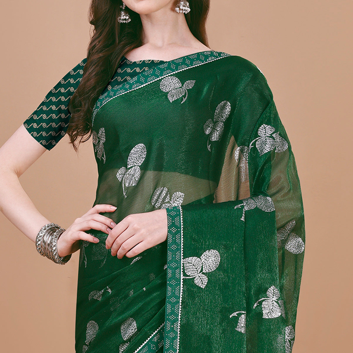 Green Floral Foil Printed Chiffon Saree