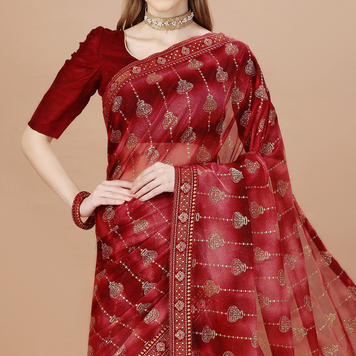 Maroon Foil Printed Lycra Saree With Lace Border