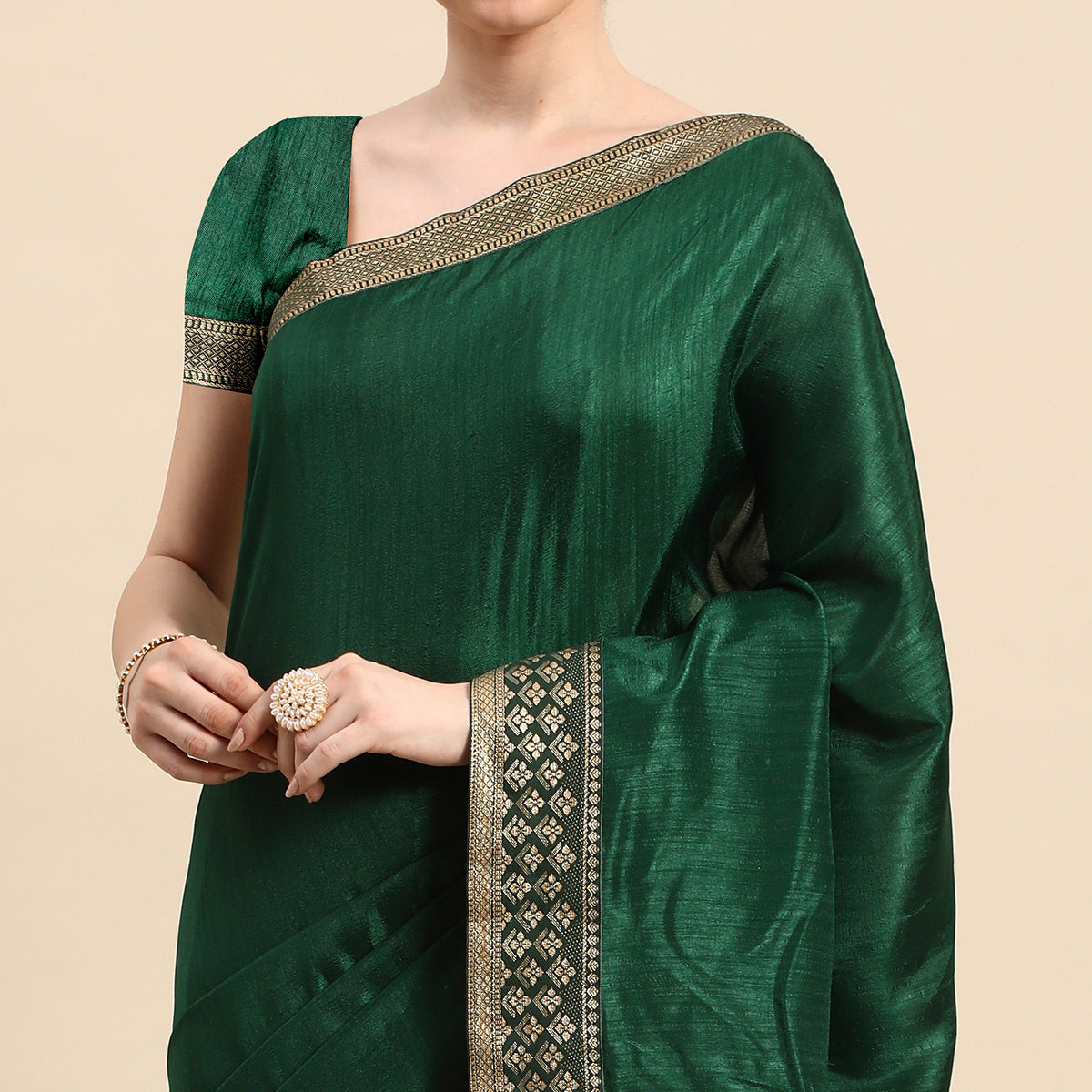 Green Solid Vichitra Silk Saree With Zari Border