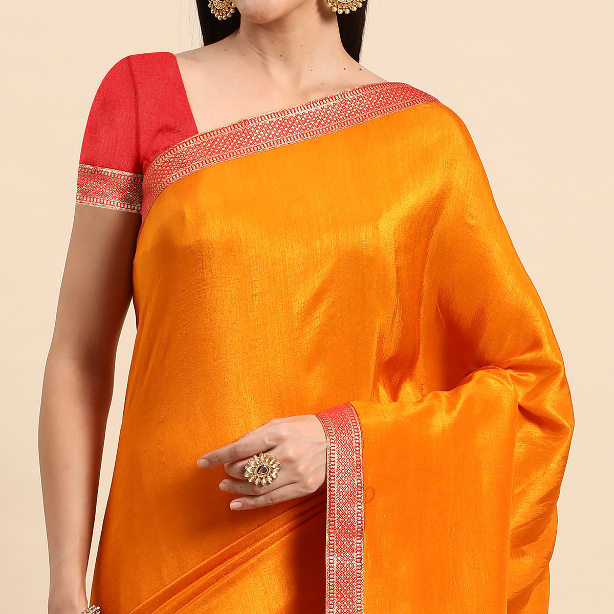 Mustard Solid Vichitra Silk Saree With Fancy Zari Border