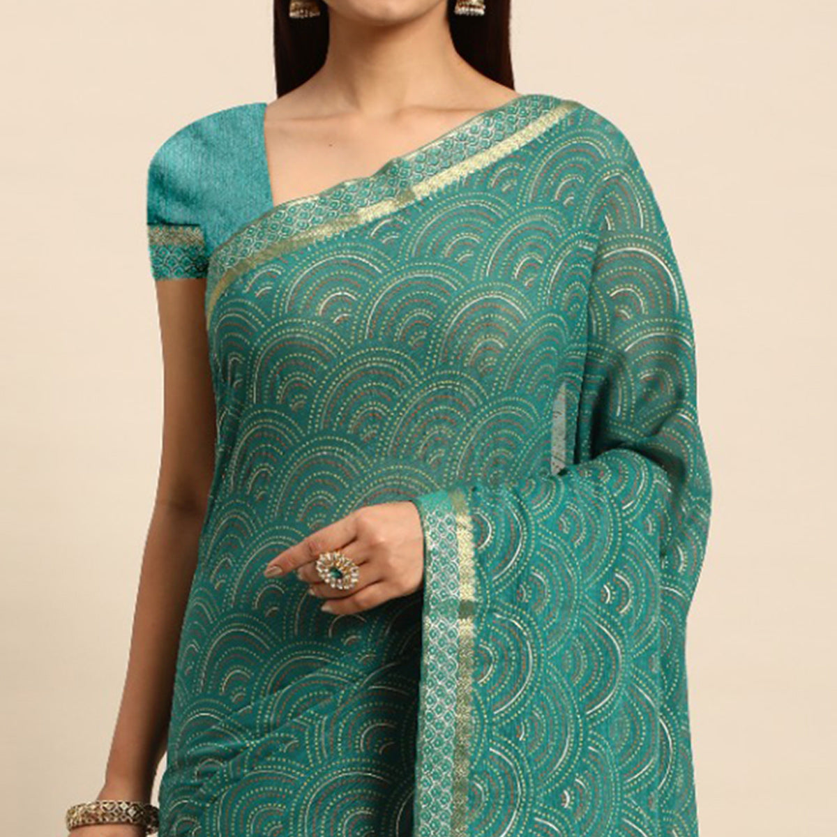 Teal Green Foil Printed Chiffon Saree With Tassels