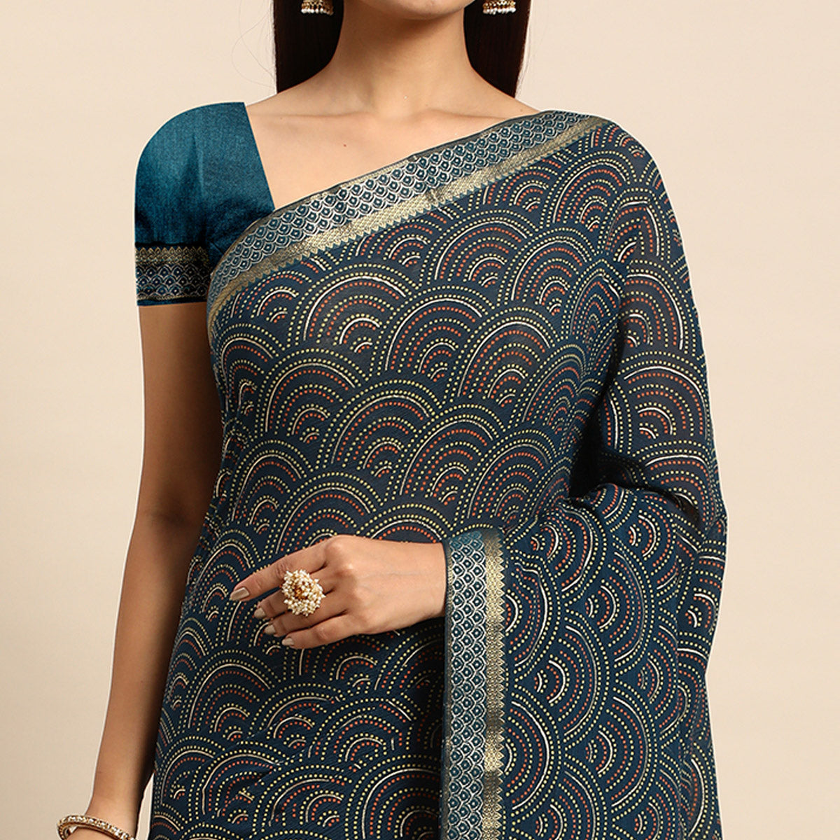 Teal Blue Foil Printed Chiffon Saree With Tassels
