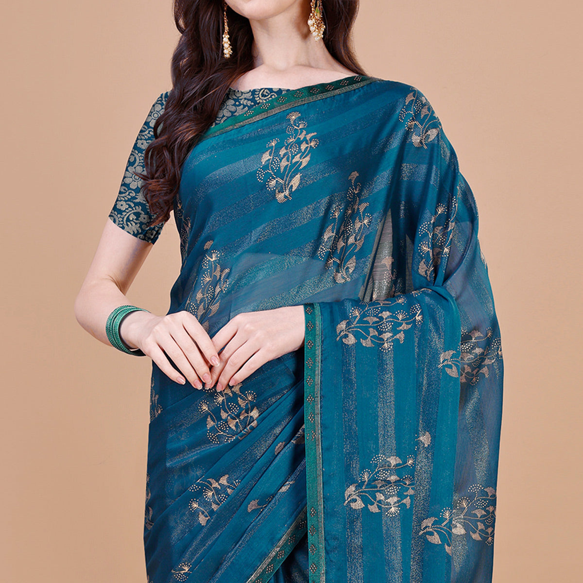 Blue Foil Printed Chiffon Saree With Lace Border