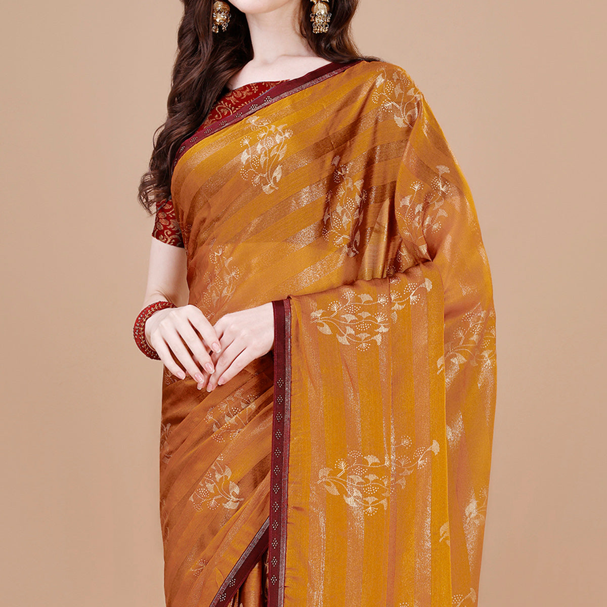 Mustard Foil Printed Chiffon Saree With Lace Border