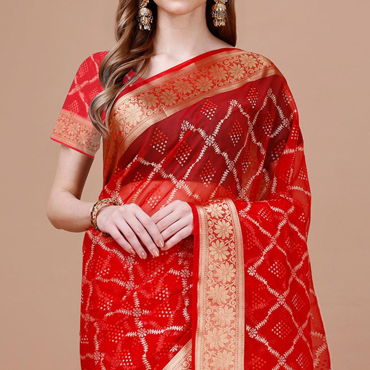 Red Bandhani Printed Organza Saree With Woven Border
