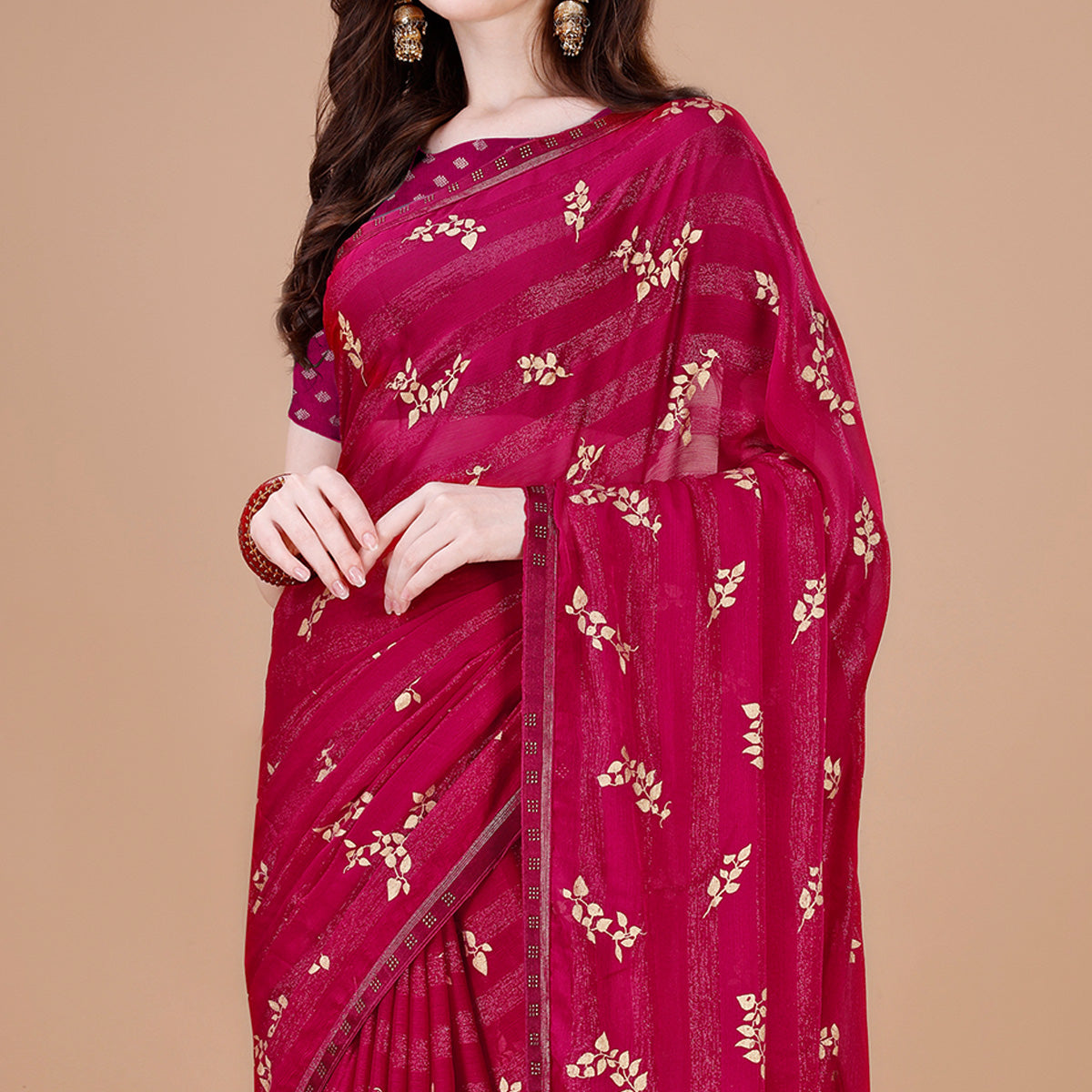 Pink Foil Printed Chiffon Saree With Lace Border