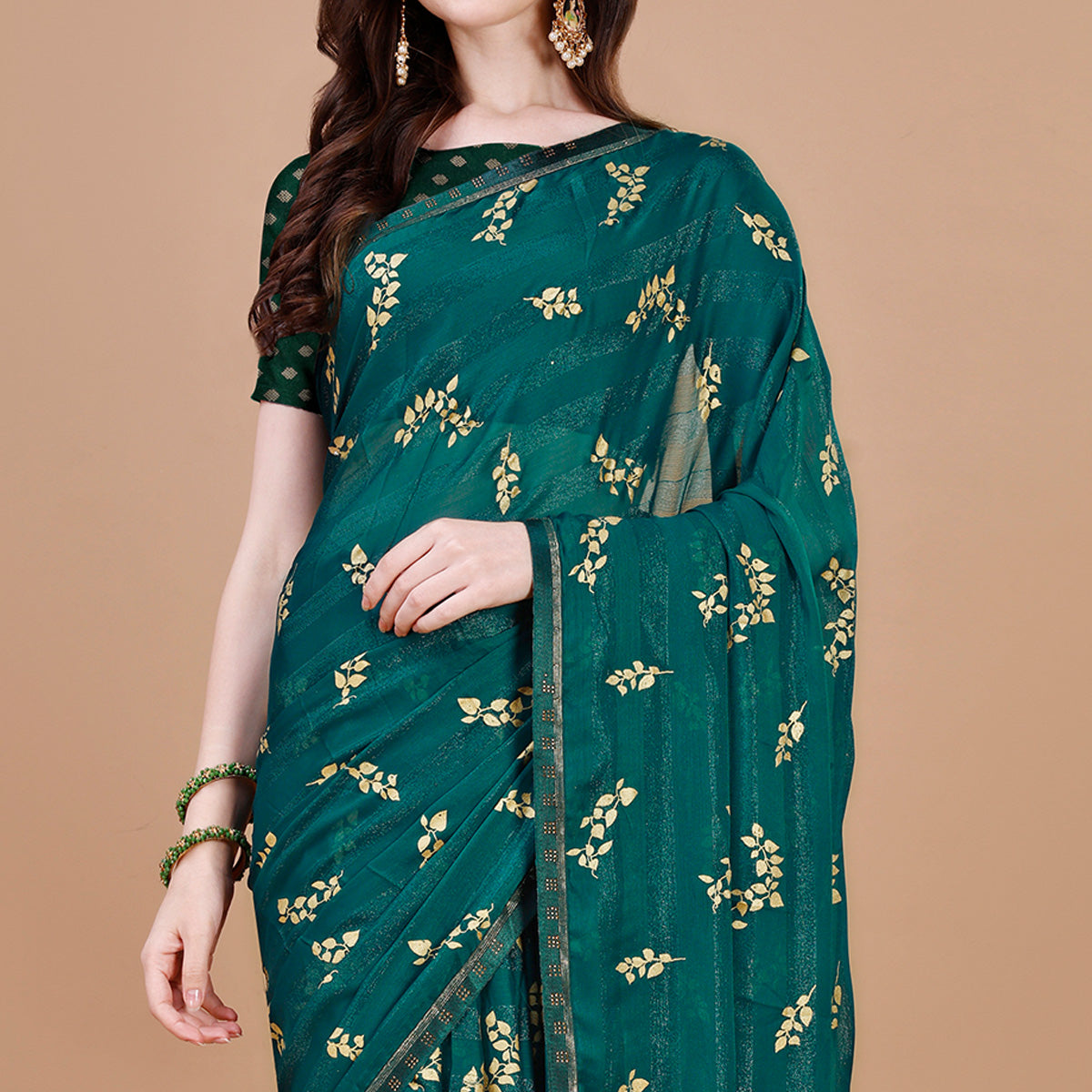 Green Foil Printed Chiffon Saree With Lace Border