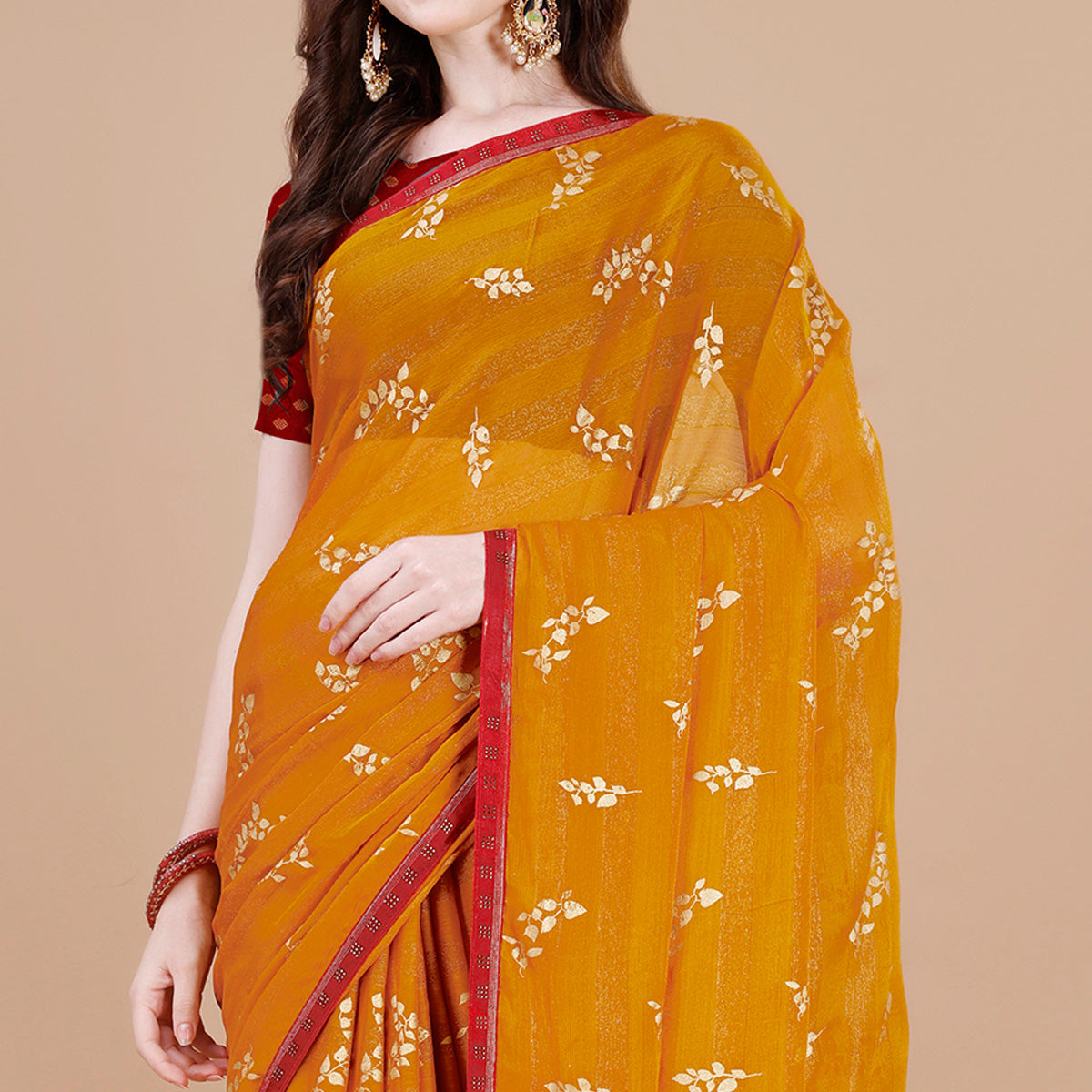Mustard Foil Printed Chiffon Saree With Lace Border