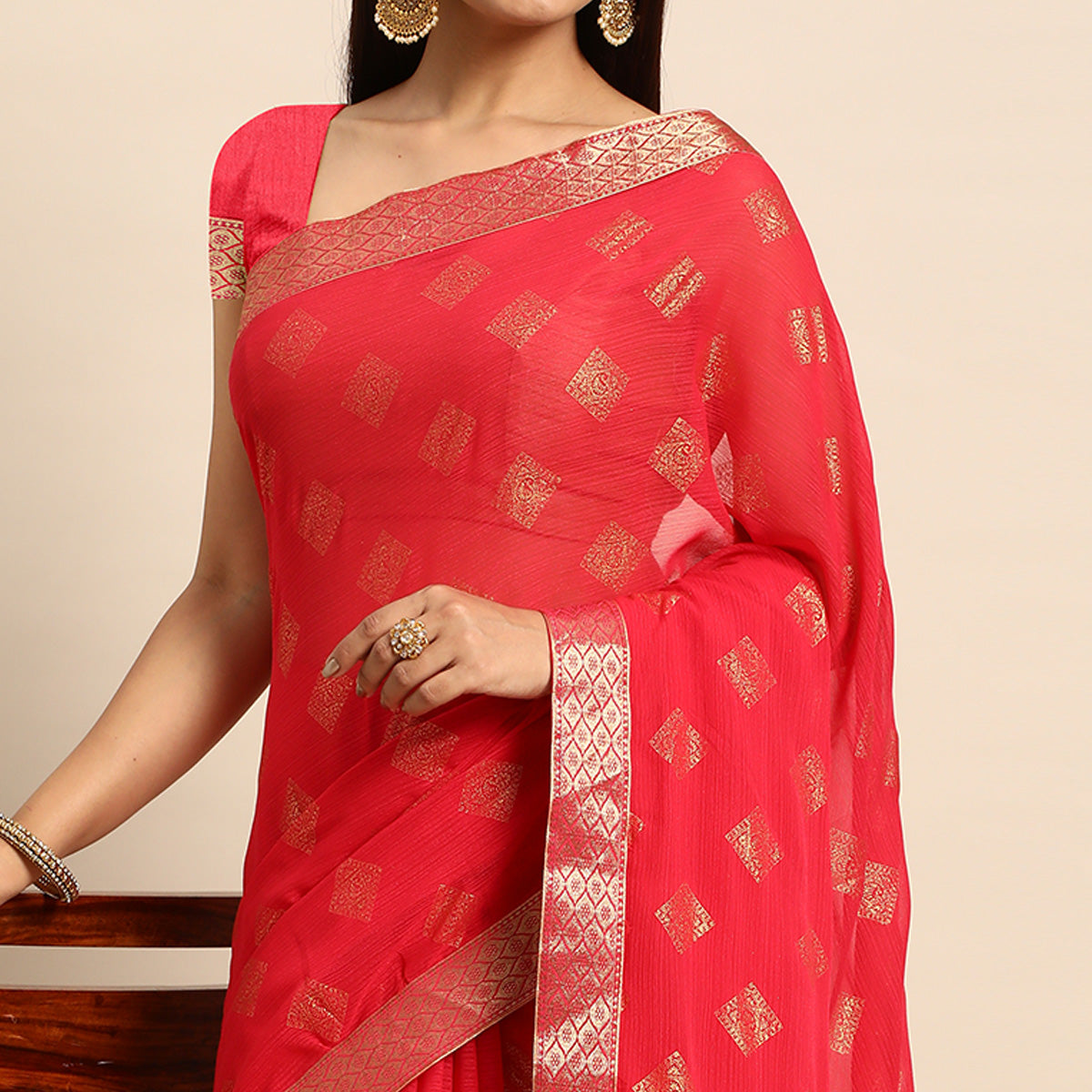 Pink Foil Printed Chiffon Saree With Tassels