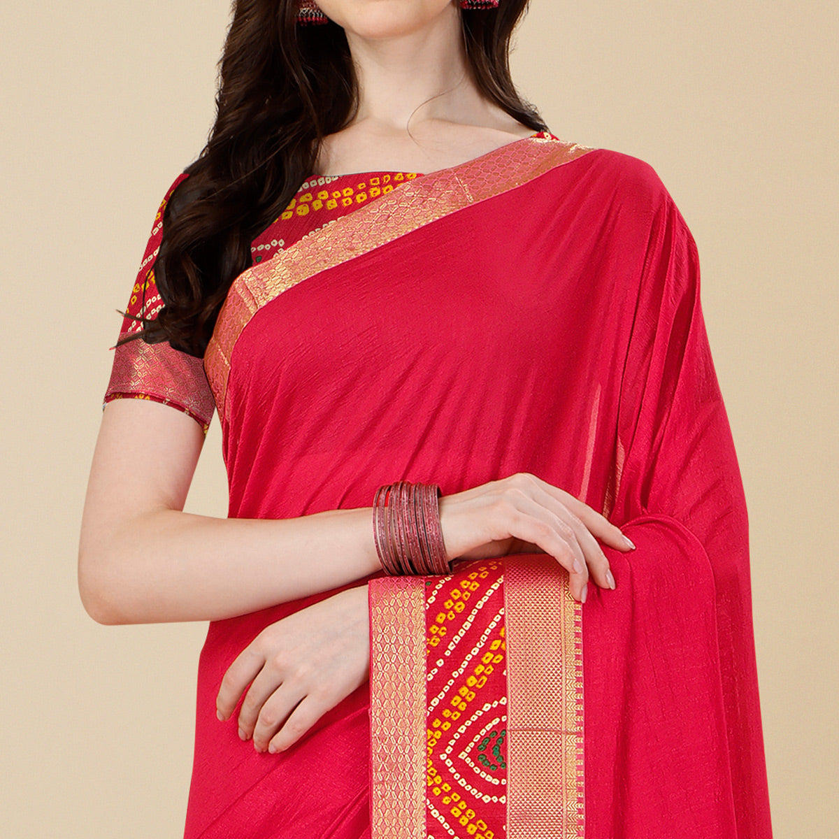 Pink Solid Vichitra Silk Saree