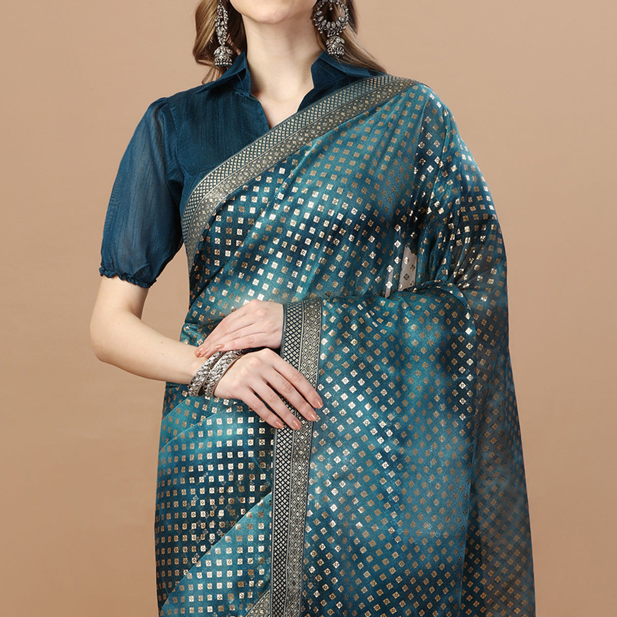 Blue Foil Printed Lycra Saree With Lace Border